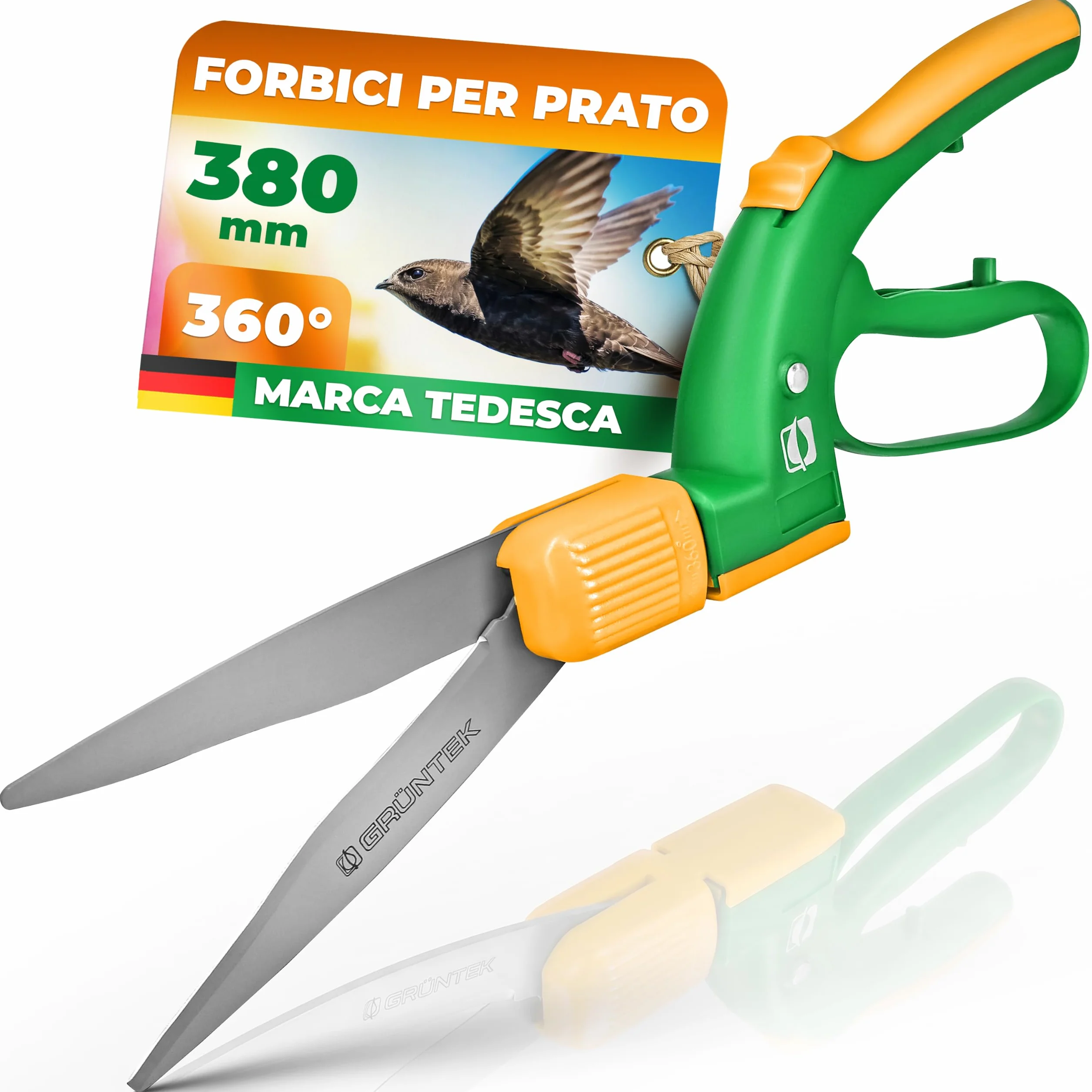 GRÜNTEK Forbici Taglia Erba 38 cm – Cesoie Prato Giardino Lame 13,5 cm Rotanti 360° - 16 Posizioni - in Acciaio SK5 Rivestite Teflon, Impugnatura Ergonomica – Ideali per Bordi, Muretti e Rifiniture.