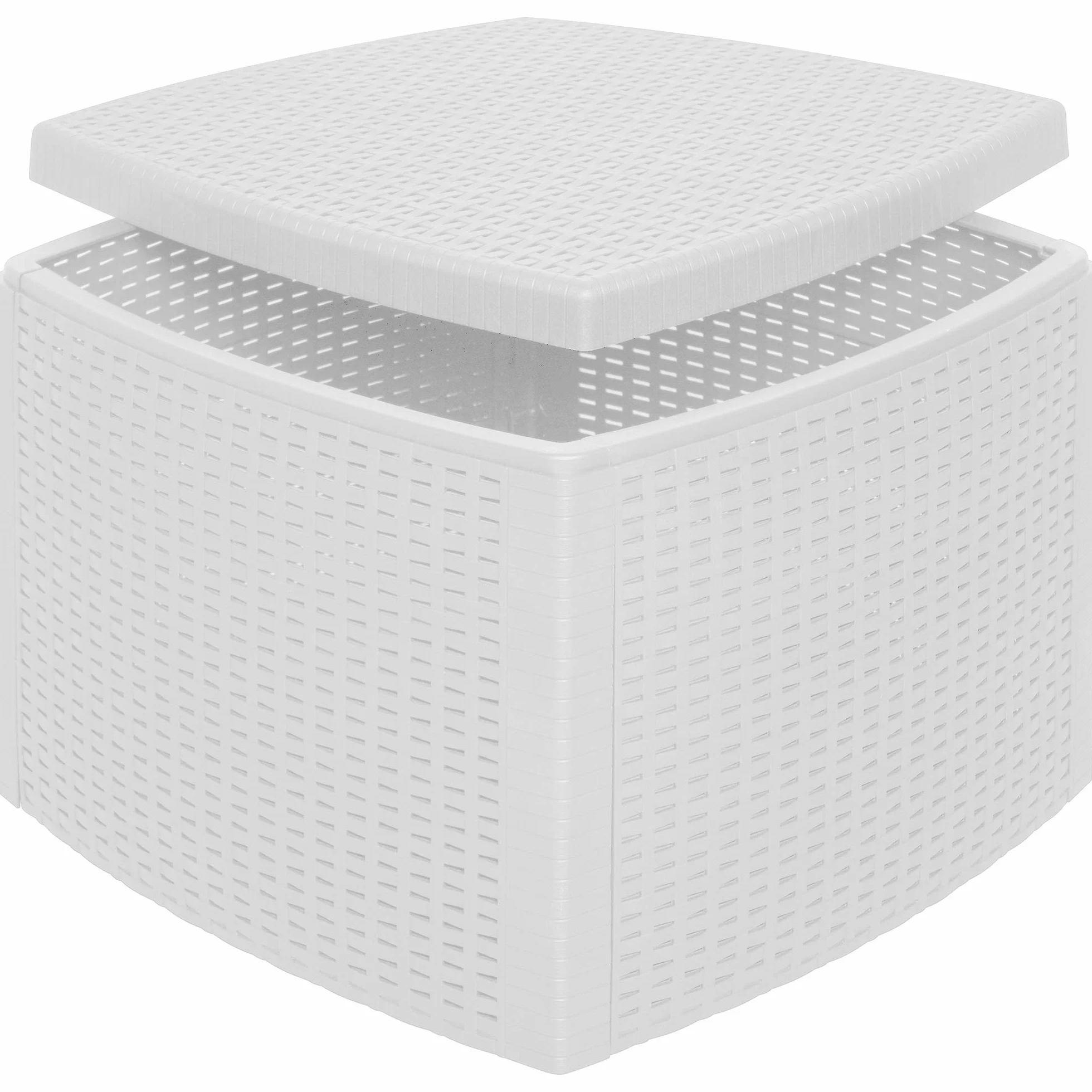 Dmora - Tavolino da Esterno Faenza, Tavolino Contenitore, Tavolo Basso Effetto Rattan, 100% Made in Italy, Cm 53x53h40, Bianco