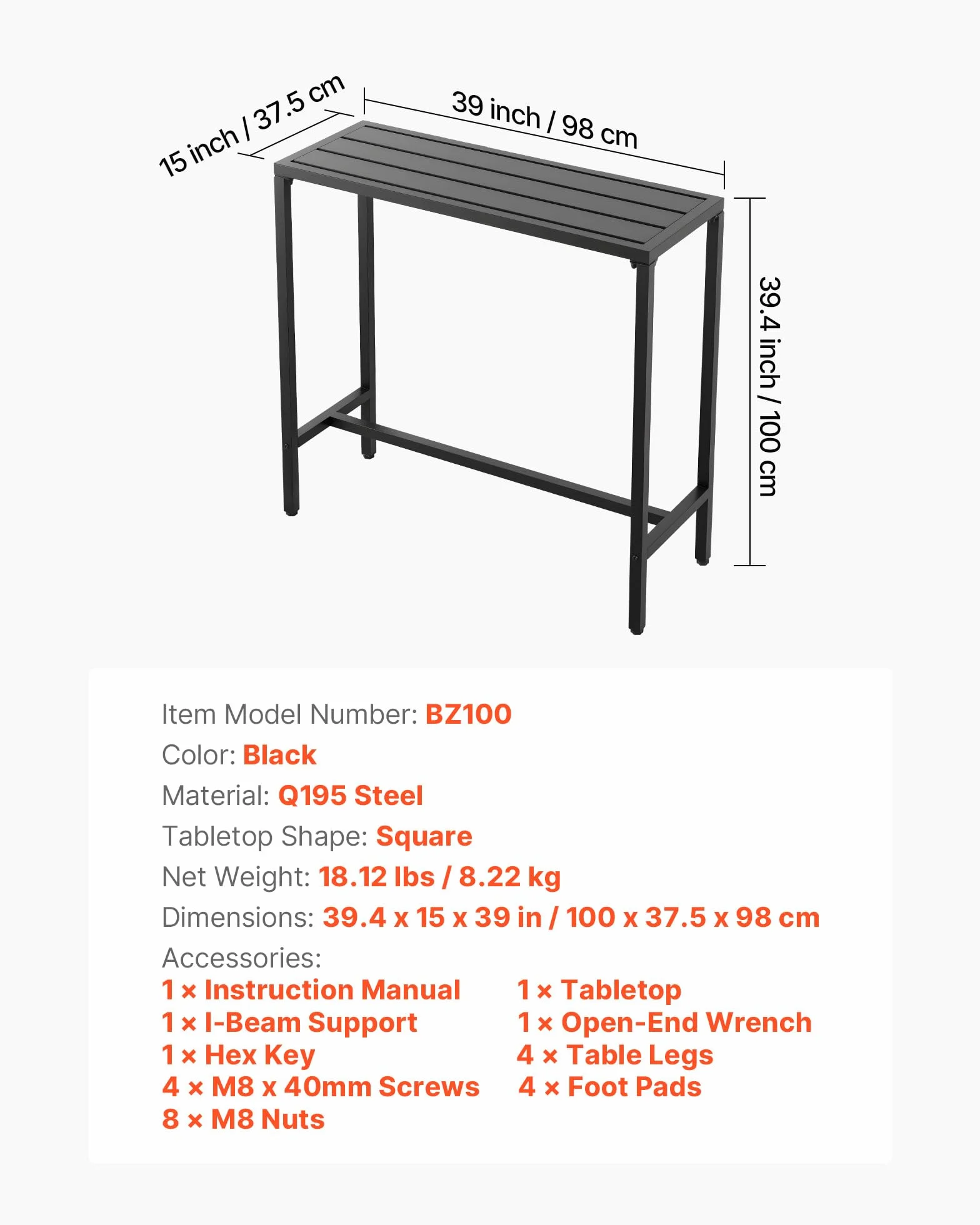VEVOR Tavolo Alto da Bar per Esterni 100 x 37,5 cm, Tavolino da Pranzo Rettangolare Piano Impermeabile, Struttura in Metallo, Tavolo da Giardino Cortile, Terrazza, Bordo Piscina, Soggiorno
