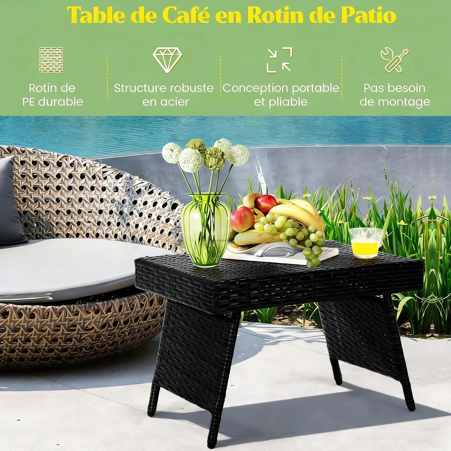 LIFEZEAL Tavolino da salotto pieghevole in rattan, tavolino da esterno con struttura in acciaio 60 x 40 x 40 cm, tavolo da giardino con capacità di carico di 45 kg (nero)