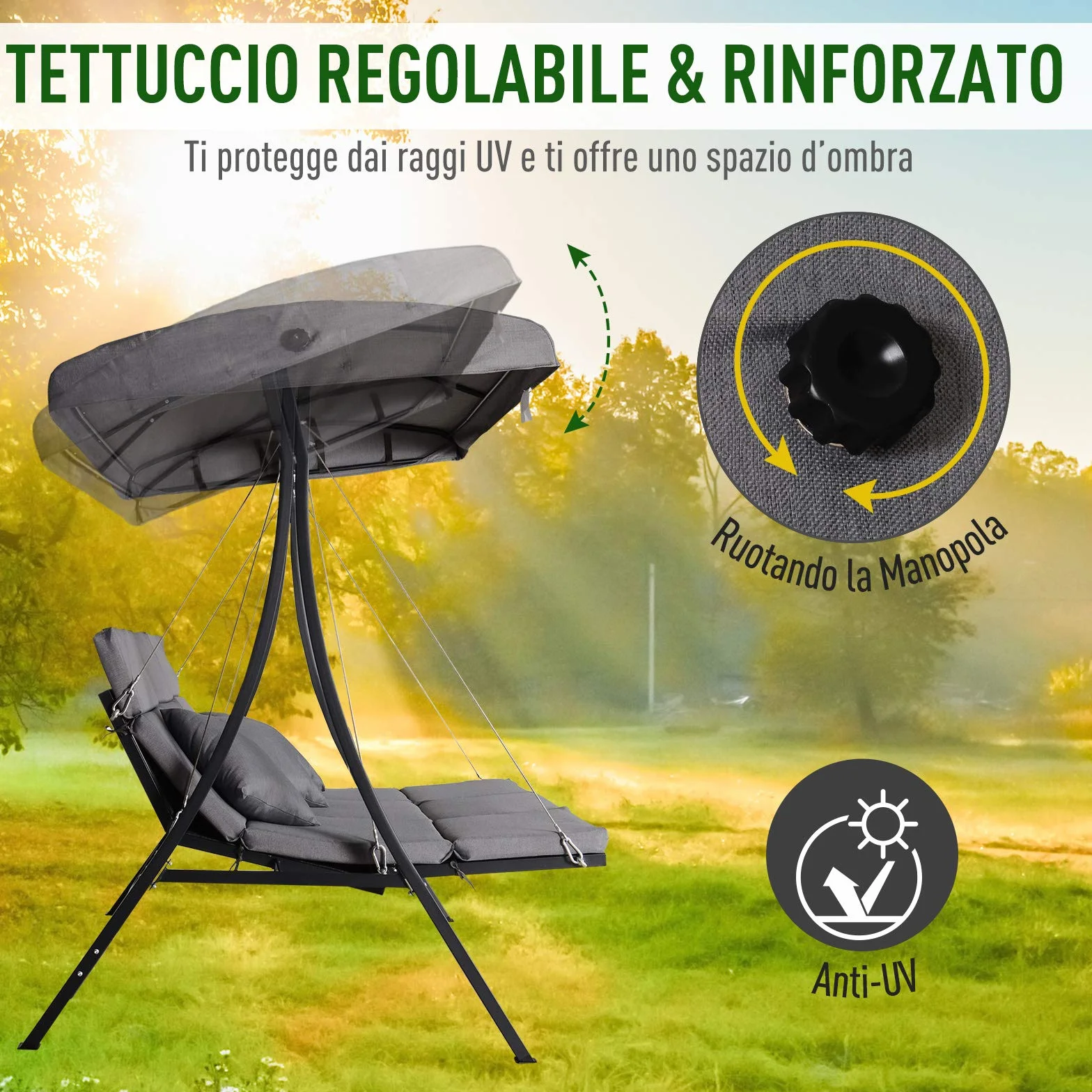 Outsunny Dondolo da Giardino a 3 Posti, Dondolo da Esterno con Chaise Longue e Tetto Regolabile, Nero e Grigio, 200 x 115 x 168 cm