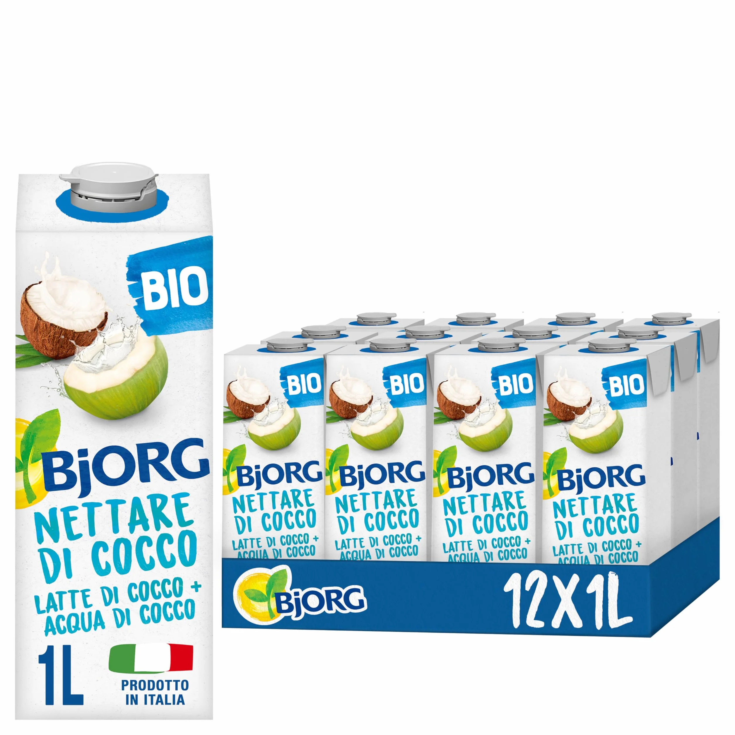 BJORG Bevanda Nettare di Cocco Biologica, Acqua di Cocco e Latte di Cocco, Bevanda Vegetale Senza Zuccheri Aggiunti, Senza Glutine, Vegan, Prodotto in Italia, 12 x 1L