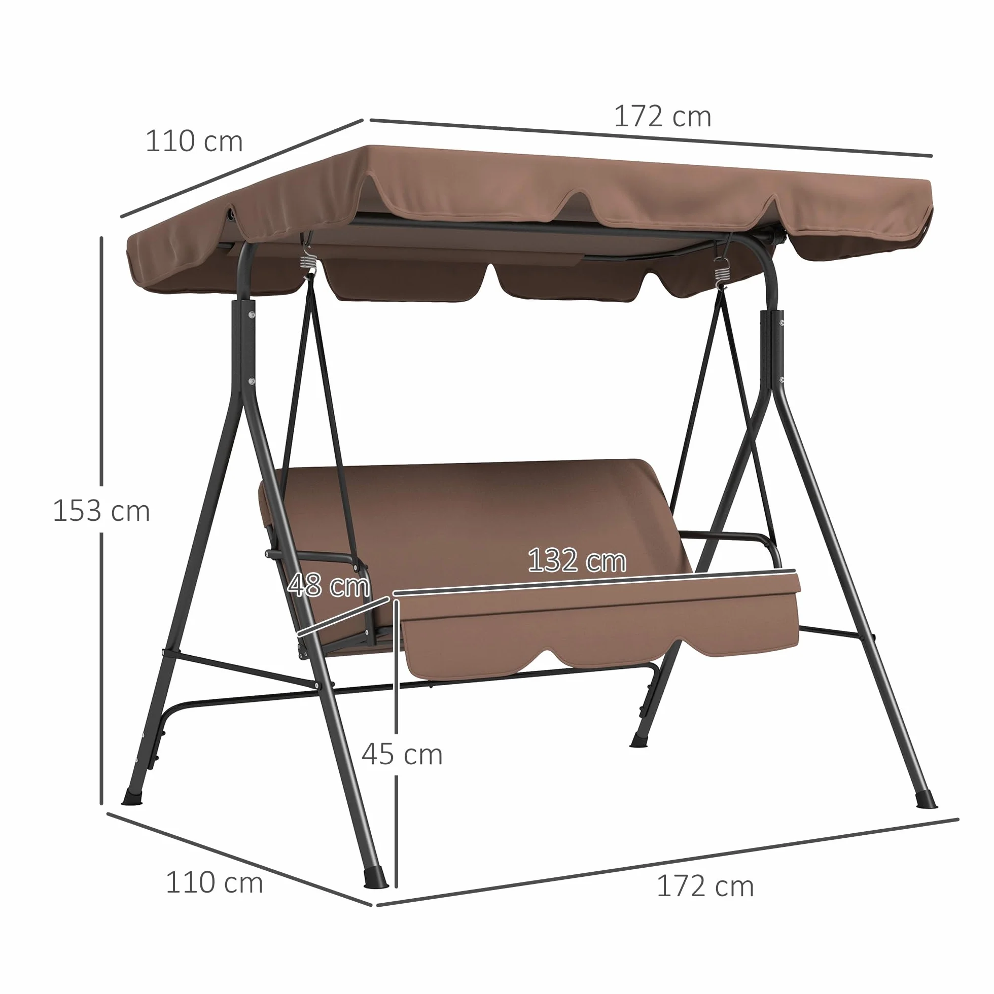 Outsunny Dondolo da Giardino 3 Posti con Tettuccio Parasole Regolabile, Dondolo da Esterno con Seduta Traspirante in Texteline e Metallo, Portata Fino a 240 kg, 172x110x153 cm, Marrone