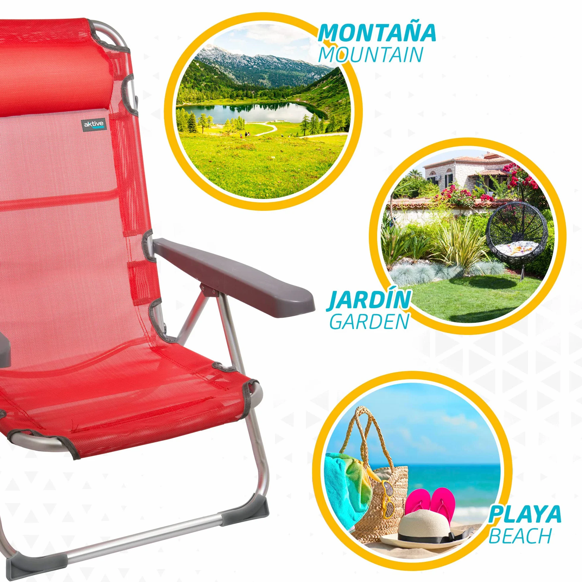 AKTIVE 62265 - Confezione da 2 sedie alte pieghevoli con cuscino per spiaggia, giardino, terrazza o campeggio | Misure 48x60x90cm | Braccioli resistenti ed ergonomici
