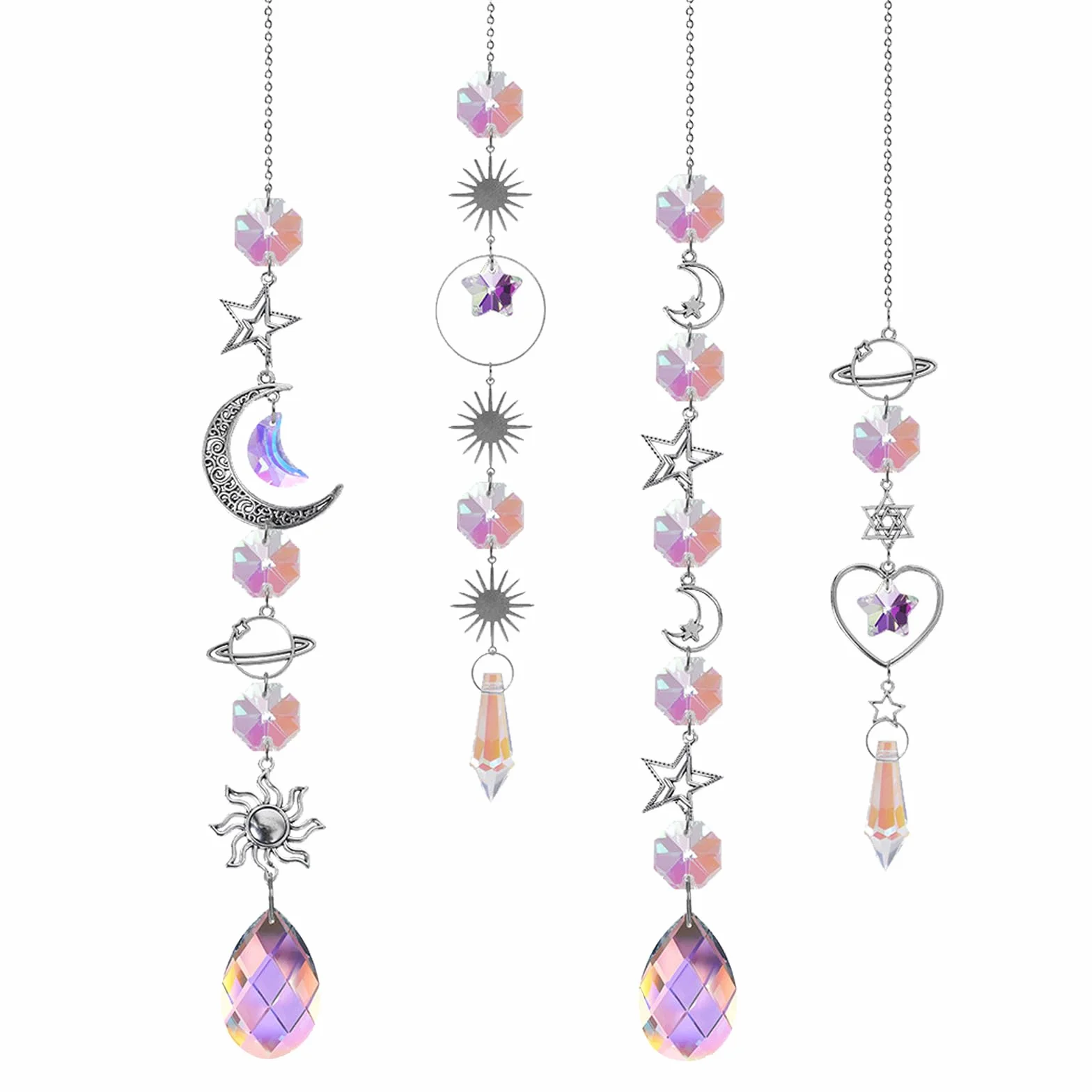 BDSHUNBF 4 Pezzi Acchiappasole Cristallo, Sole Luna Ciondolo Ornamento Sfere, Suncatcher Pendenti, Acchiappa-sole Prisma Arcobaleno, per Casa Giardino Finestra