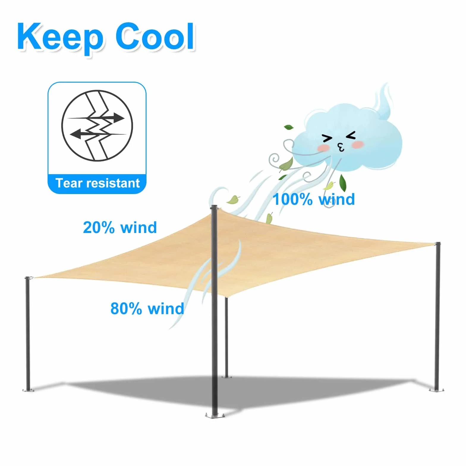 Tenda parasole, 2 x 2 x 2 m, triangolare, traspirante, in HDPE, per esterni, blocco UV 95%, per giardino, patio, cortile, feste, con corda, beige (realizziamo dimensioni personalizzate)