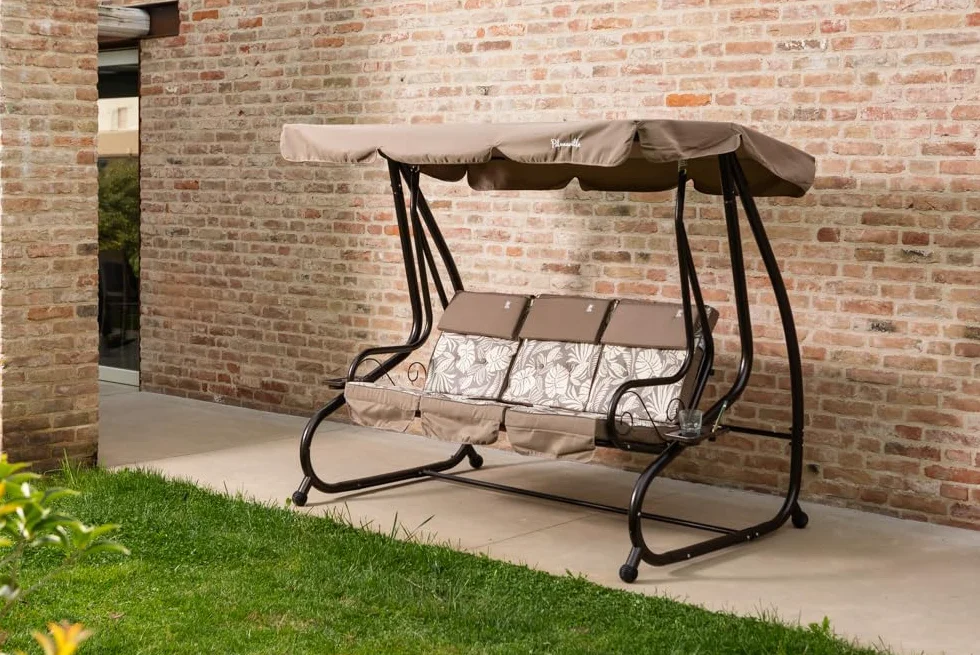 Dondolo reclinabile da giardino 3 Posti con funzione letto e tettuccio regolabile, cuscini imbottiti 7 cm con poggiatesta rimovibili e struttura in acciaio verniciato Mizar (Bronzo Tropicana)