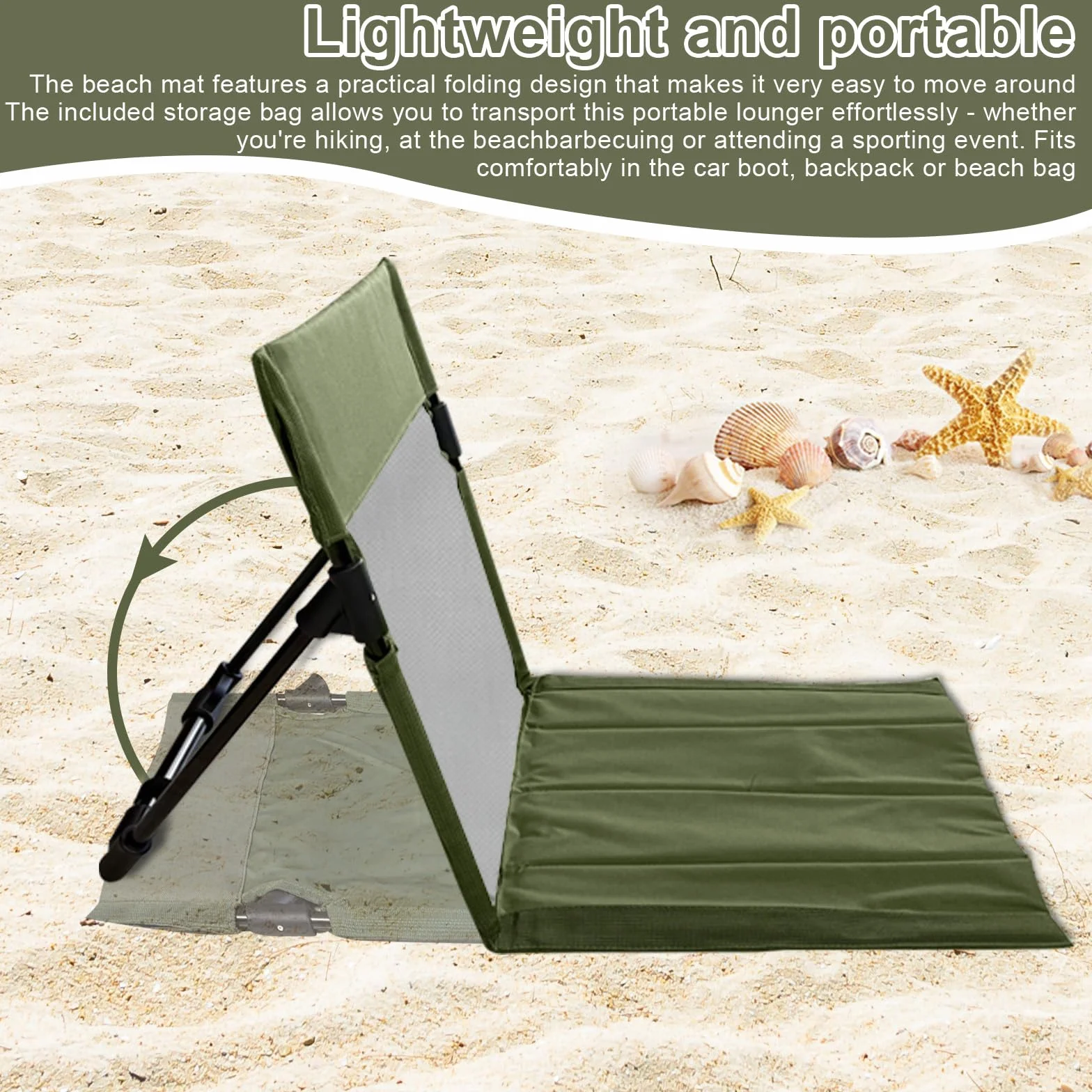 Sedia Spiaggia,Traspirante Tappetino da Spiaggia con Schienale Leggero e Pieghevole, Portatile 500g Bodenstuhl Outdoor per Campeggio,Attività All’aperto,Spiaggia e Viaggi (Verde)
