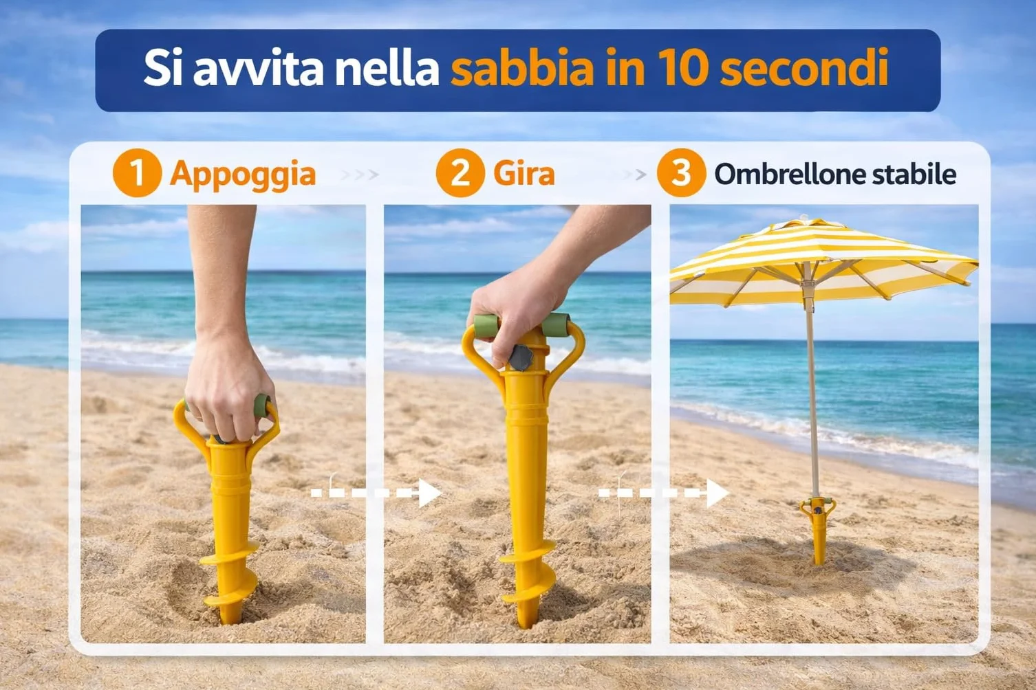 Generico Trivella Ombrellone da Spiaggia – Supporto Anti-Vento per Sabbia e Terra – Punta Avvitabile Rinforzata – Facile Installazione – Compatibile con Ombrelloni Standard – Made in Italy