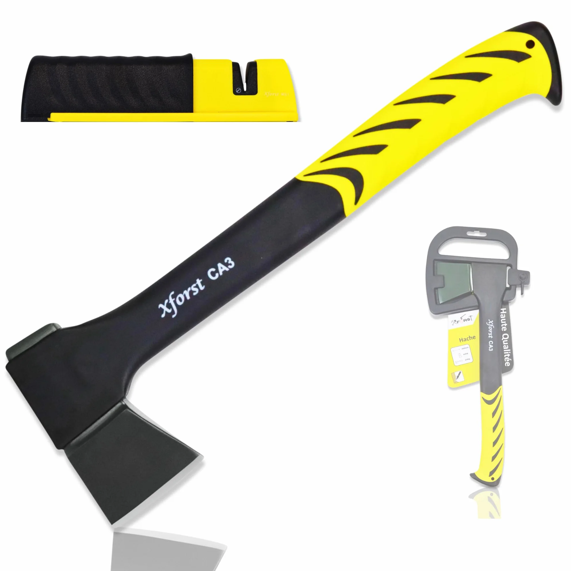 Ascia da Taglio in Acciaio al Carbonio 36 cm con Manico in Fibra di Vetro e Affilatore in Ceramica Set CA3 MA1 per Campeggio Outdoor