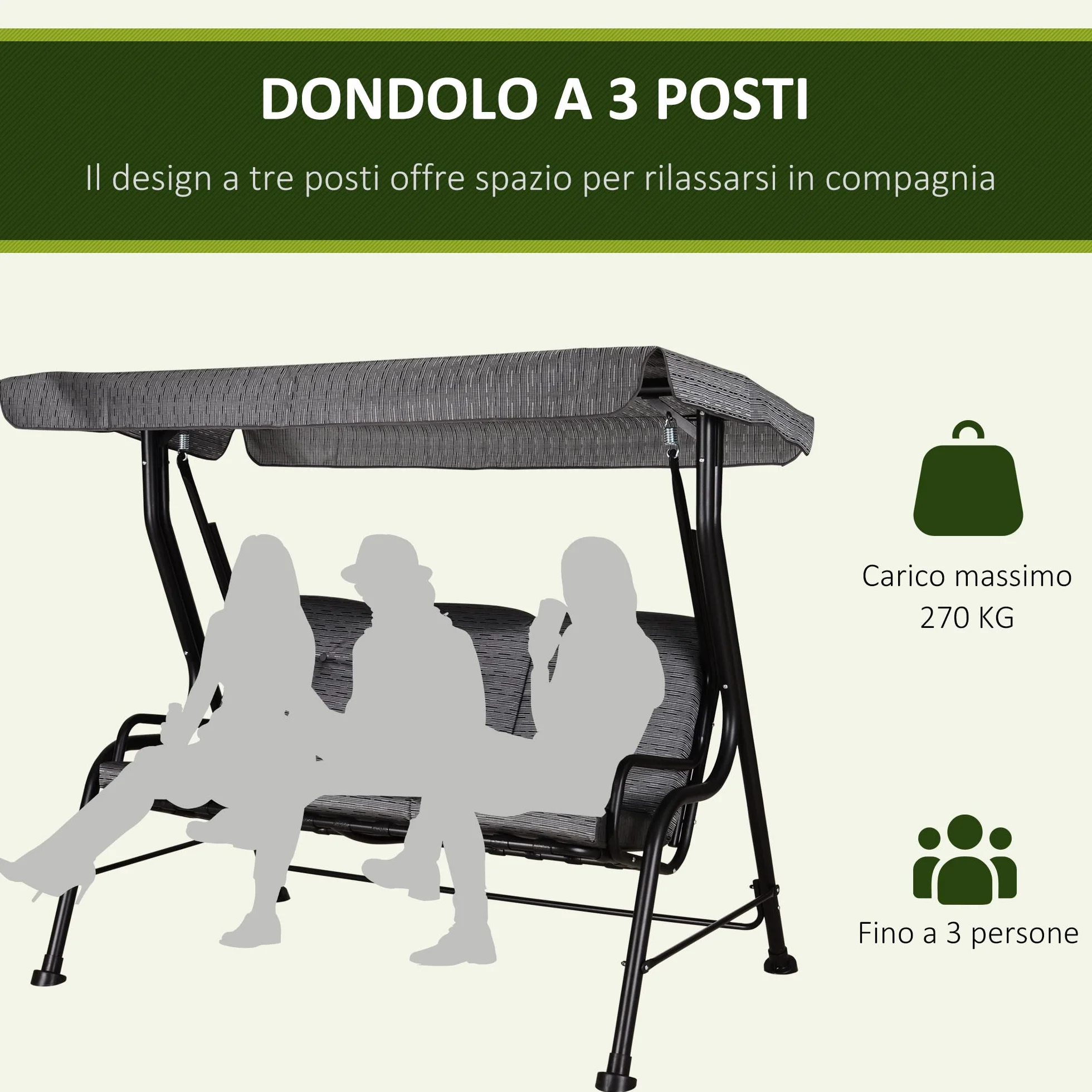 Outsunny Dondolo da Giardino per 3 Persone con Tettuccio Regolabile e Cuscini Imbottiti, 200x120x170cm, Nero