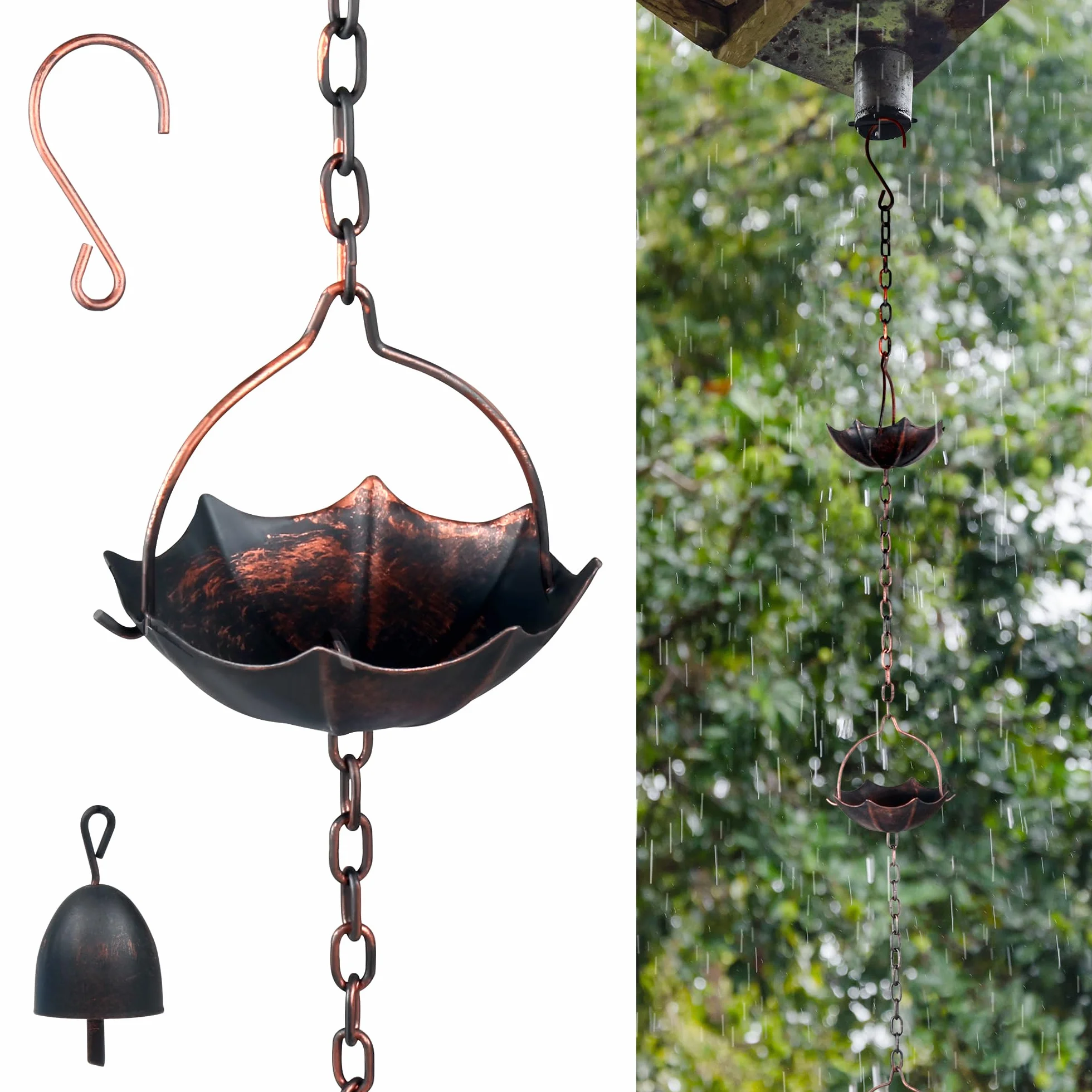 Invech Catene da pioggia per grondaie, da 12,5 m, con 12 tazze, catena antipioggia a forma di ombrello con campana per drenaggio grondaie, ricambio per Downpout