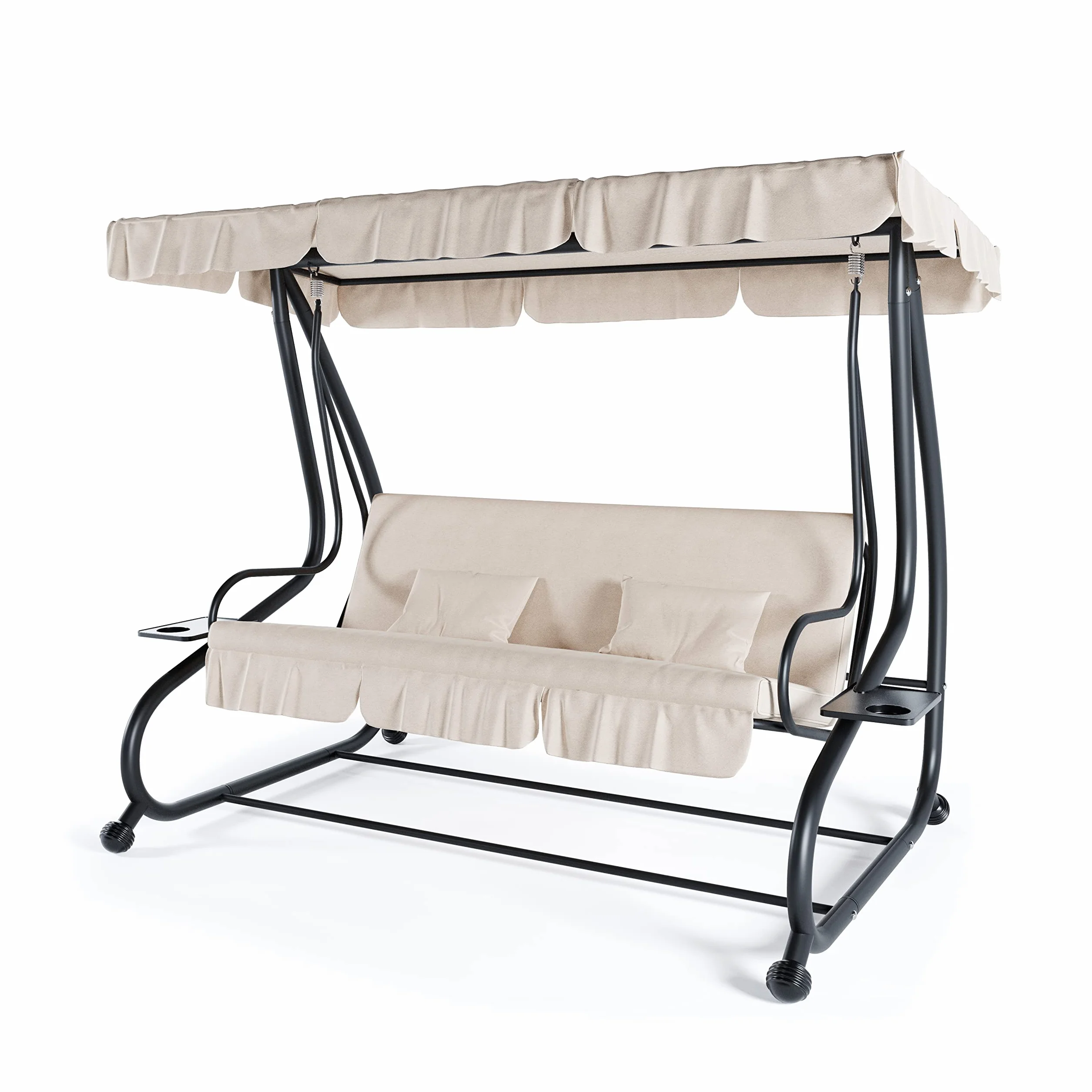 Dondolo 3 Posti Reclinabile Con Parasole Tettuccio Regolabile Cuscini Imbottiti Diventa Letto Struttura Robusta In Acciaio Verniciato Giardino Esterno Balcone Terrazzo 200 x 120 x 160 cm (Beige)