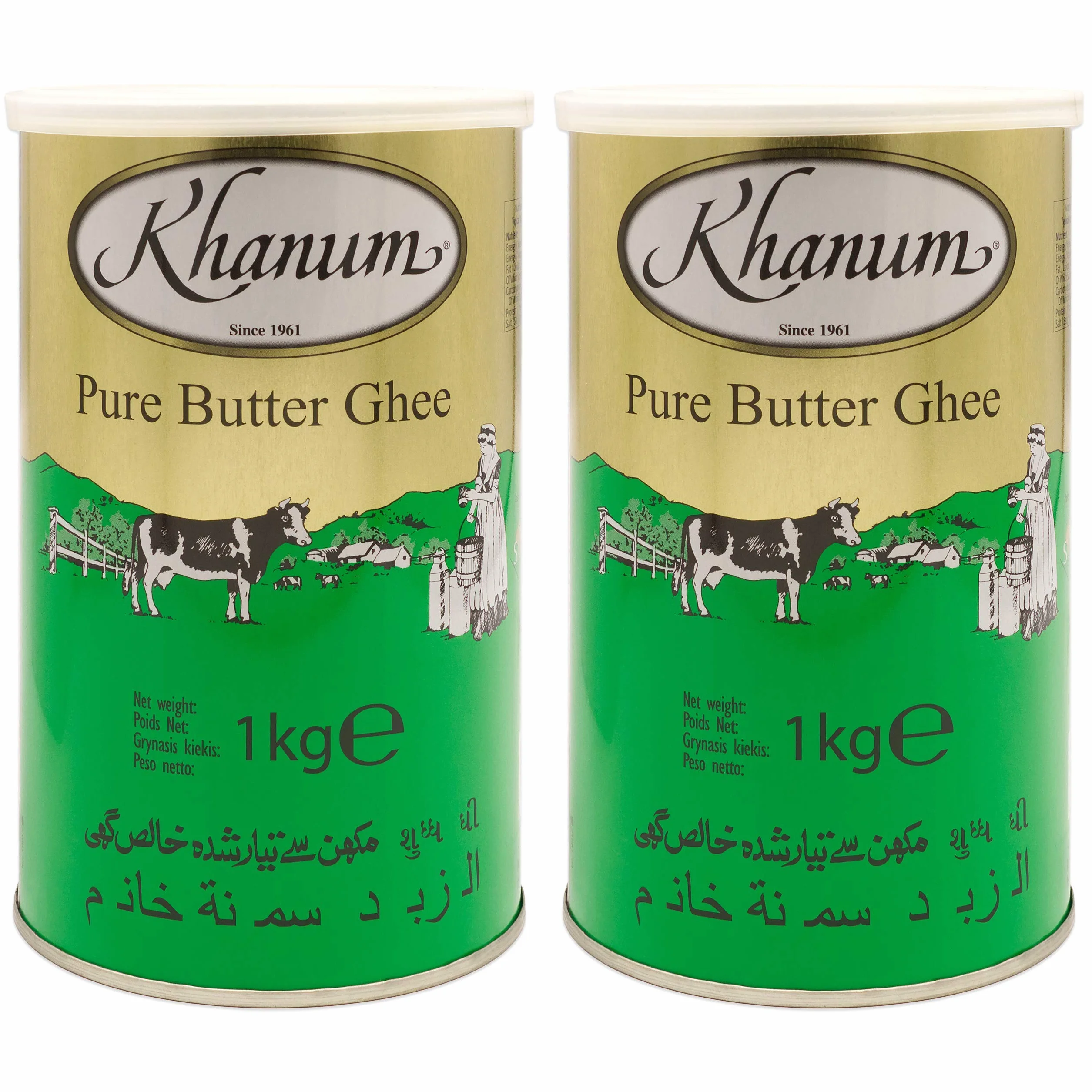 Khanum - Burro puro ghee – Miglior burro grasso per arrostire e cucinare in set da 2 pezzi da 1 kg barattolo