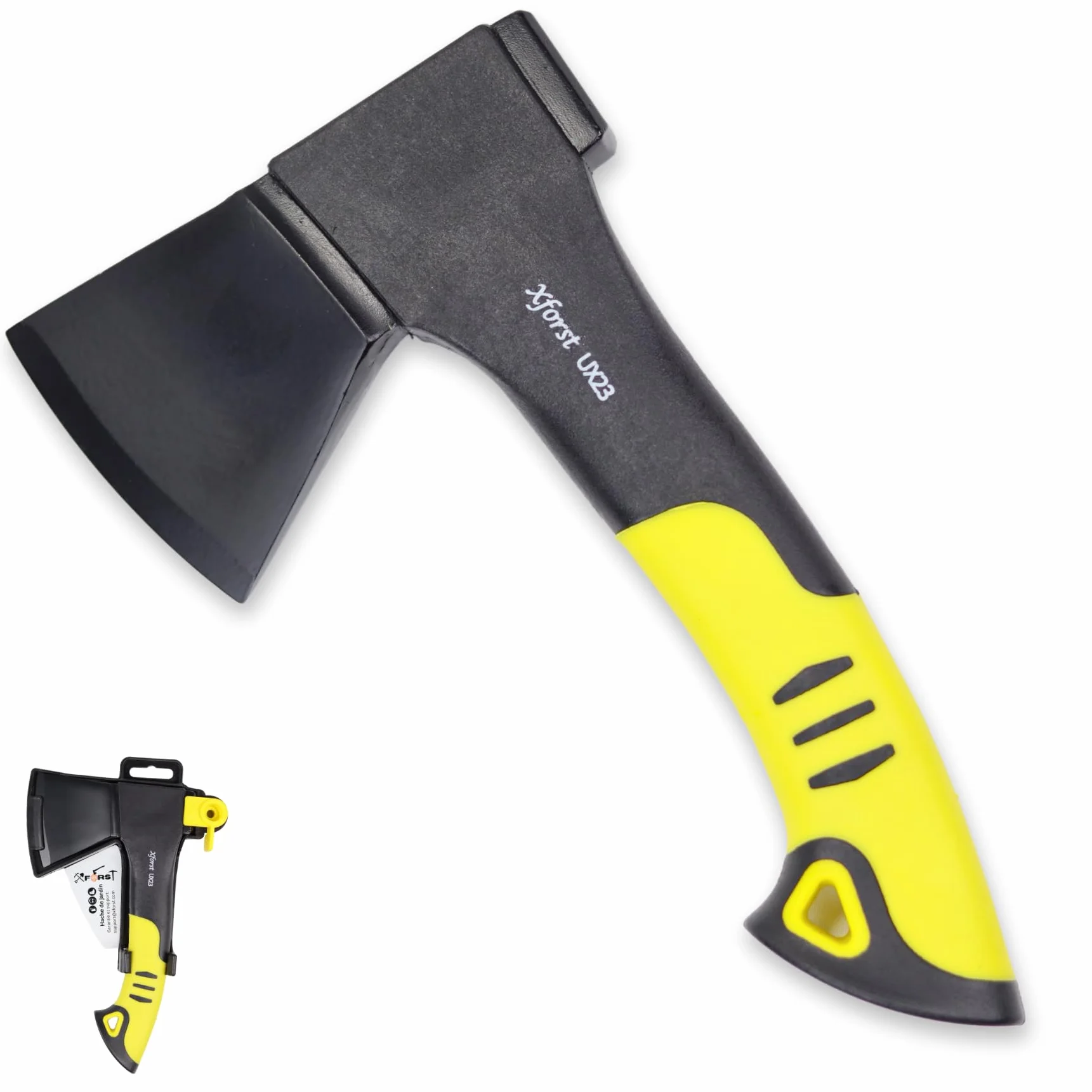Xforst Ascia da Campeggio UX23, Accetta Outdoor con Protezione Lama, Rivestimento Antiaderente, Manico in Fibra di Vetro, 23 cm