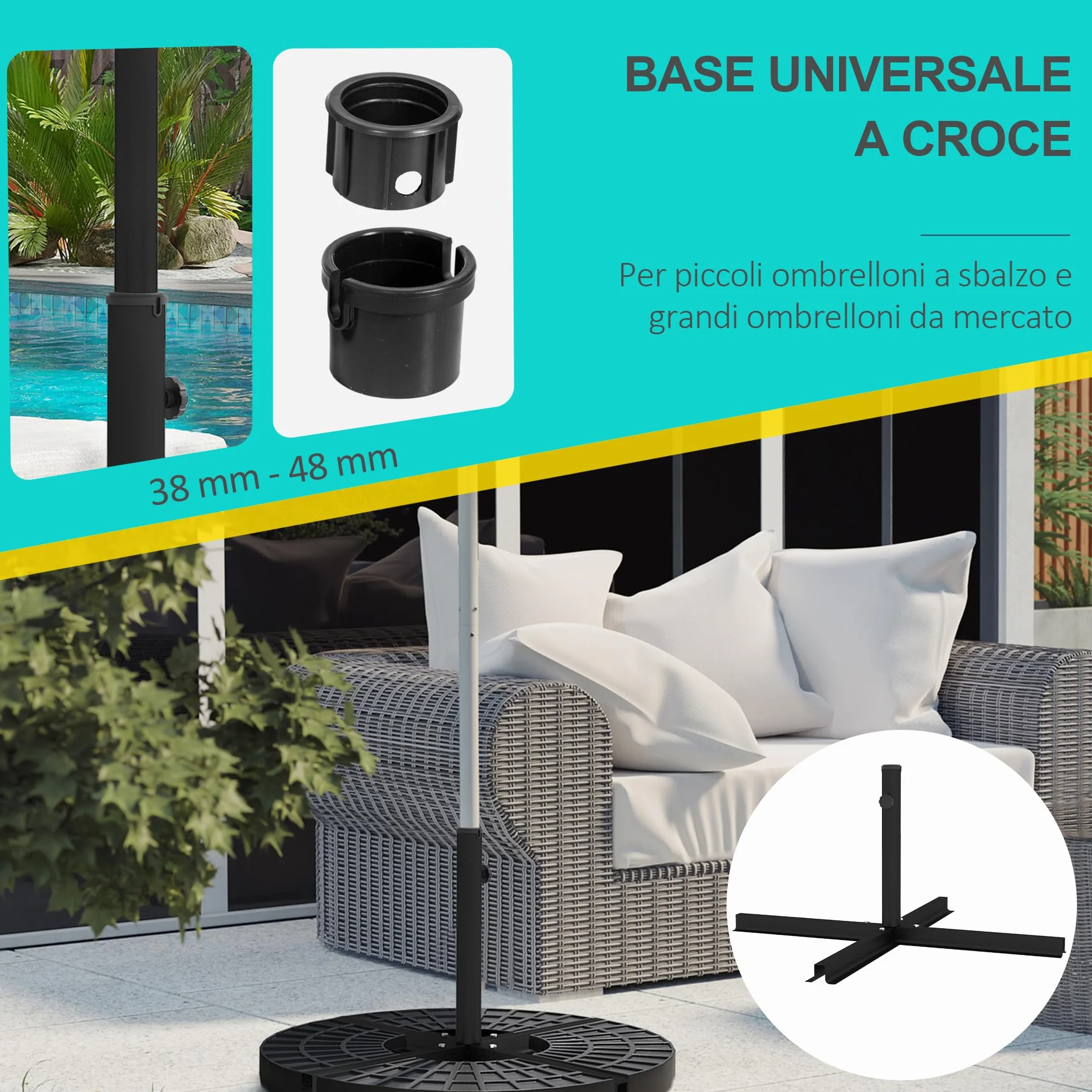 Outsunny Base per Ombrellone a Croce con Vite Laterale, Basamento per Ombrellone in Metallo, per Pali di Ombrelloni da Ø38/48 mm, 100x100x75 cm, Nero