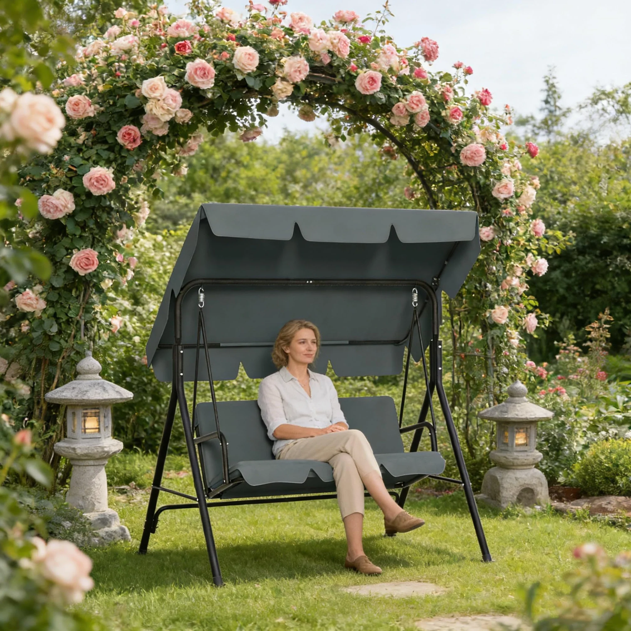 176x110x152cm Dondolo Hollywood con tettuccio parasole & cuscino & telaio in acciaio, panca a dondolo da giardino, 3 posti, portata fino a 200 kg, panca a dondolo da giardino per interni ed