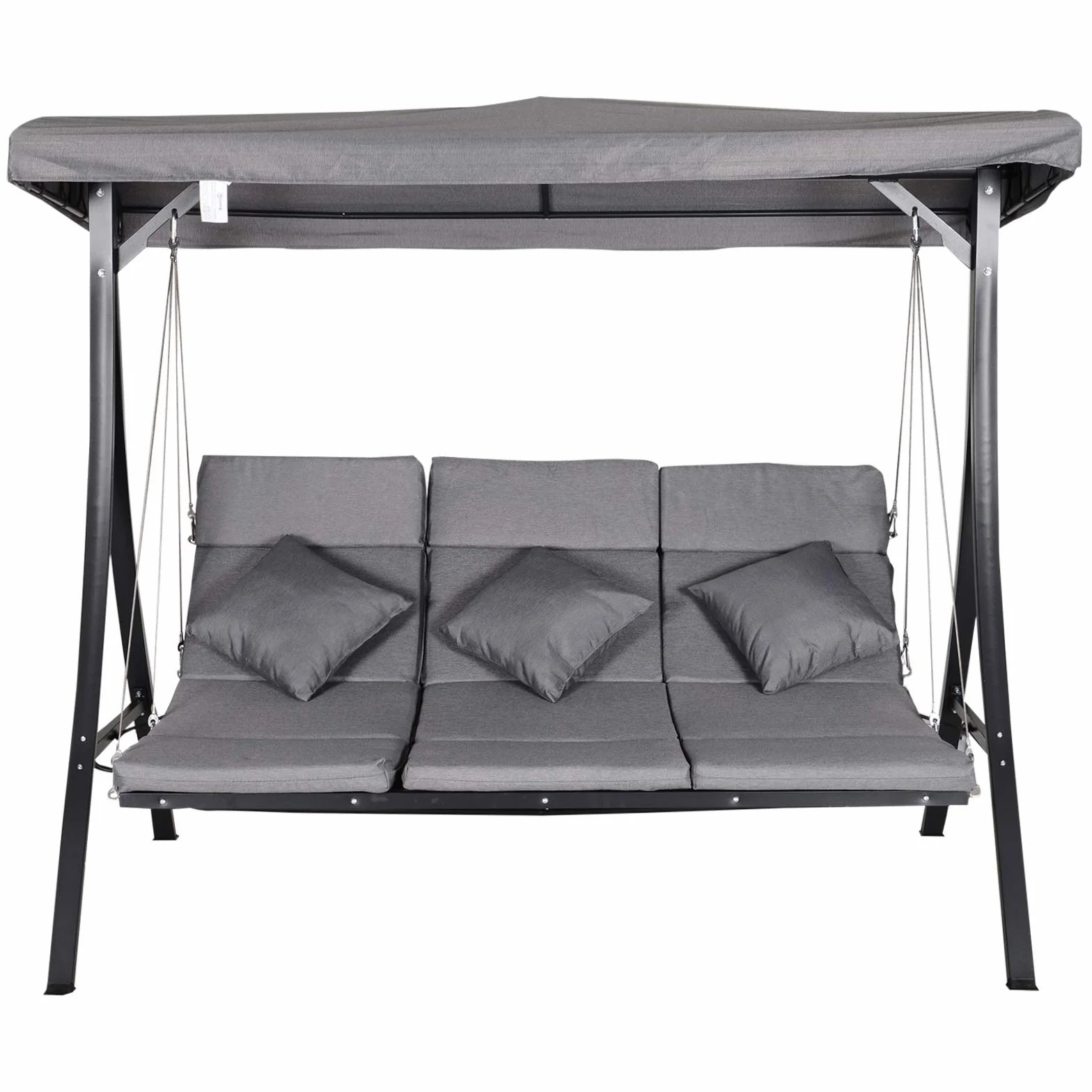 Outsunny Dondolo da Giardino a 3 Posti, Dondolo da Esterno con Chaise Longue e Tetto Regolabile, Nero e Grigio, 200 x 115 x 168 cm
