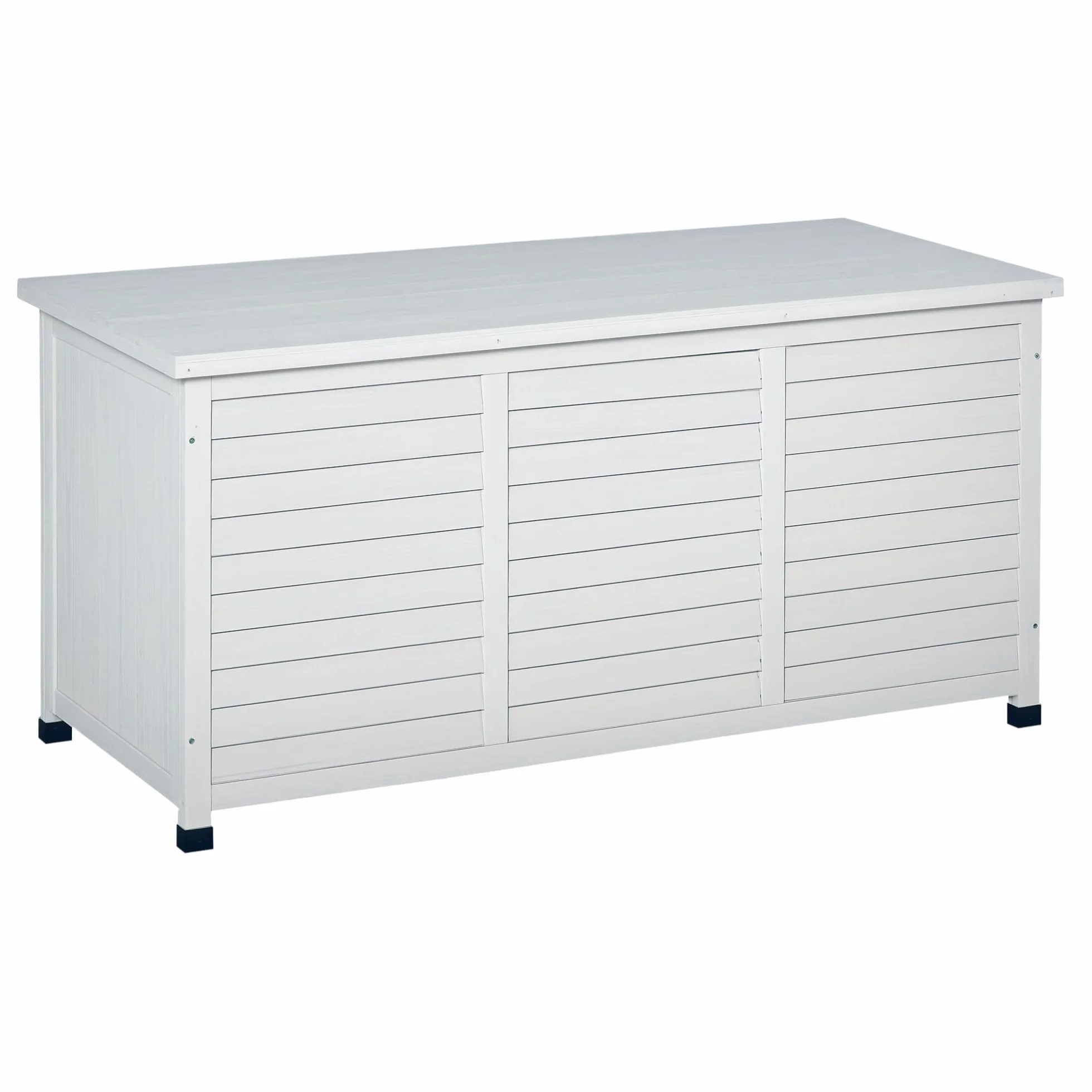 Outsunny Baule da Esterno in Legno di Abete con Base Rialzato e Coperchio, Cassapanca Contenitore da Esterno Impermeabile, 127x56x60 cm, Bianco