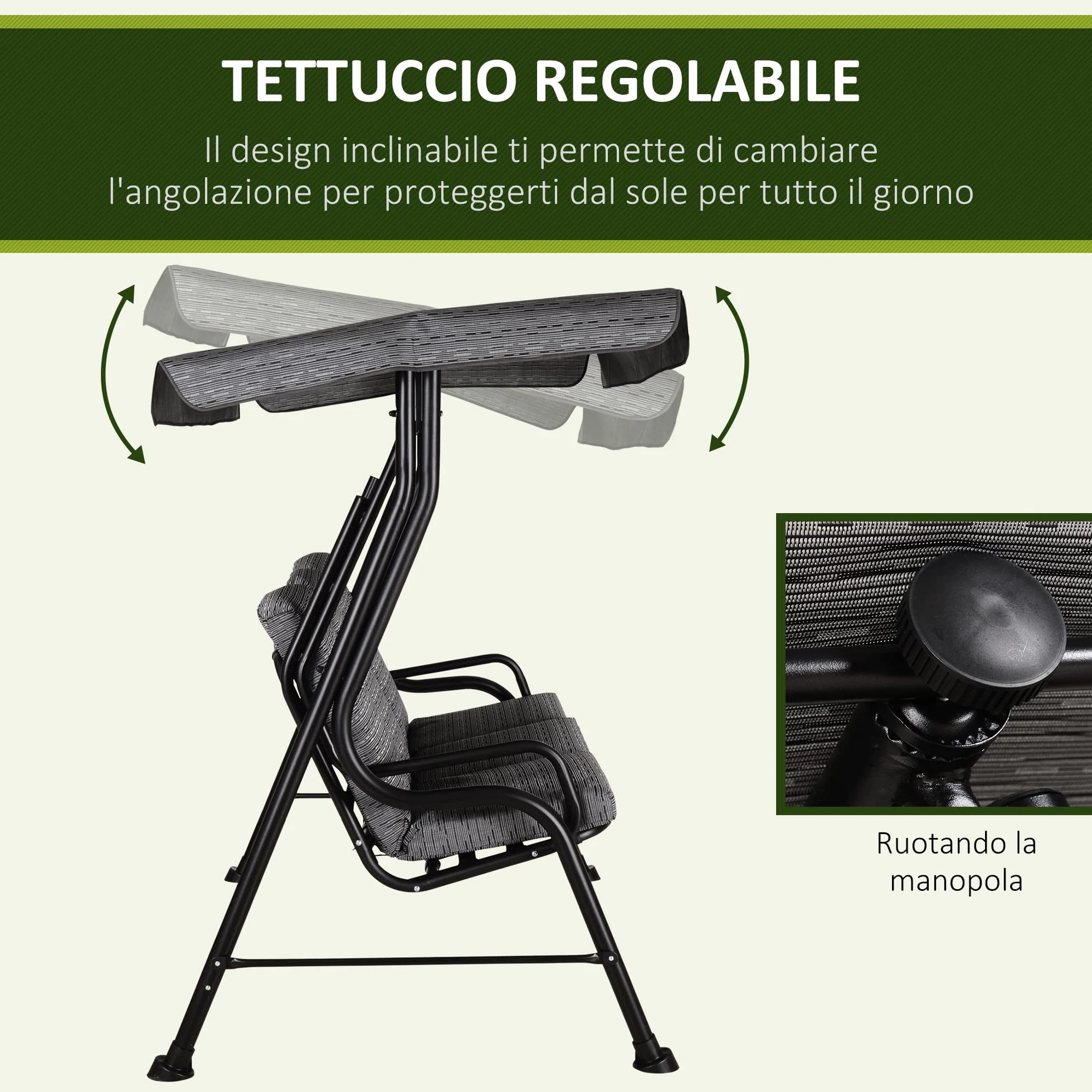 Outsunny Dondolo da Giardino per 3 Persone con Tettuccio Regolabile e Cuscini Imbottiti, 200x120x170cm, Nero