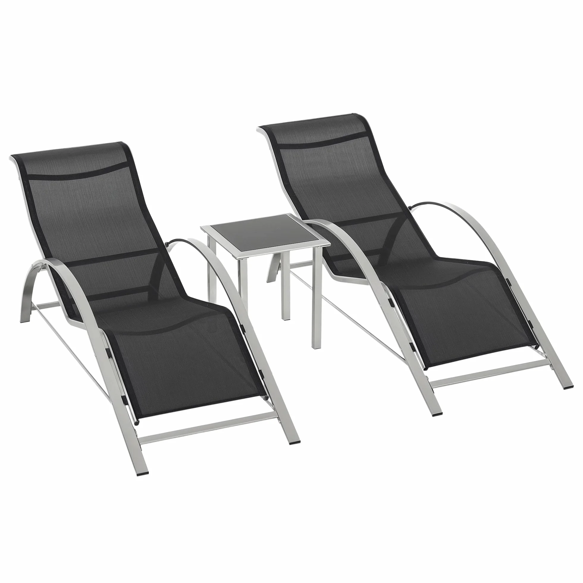Outsunny Set 2 Sdraio da Giardino e Tavolino in Vetro, Lettino Prendisole con Tessuto Traspirante, 59x169x66cm, Nero Grigio
