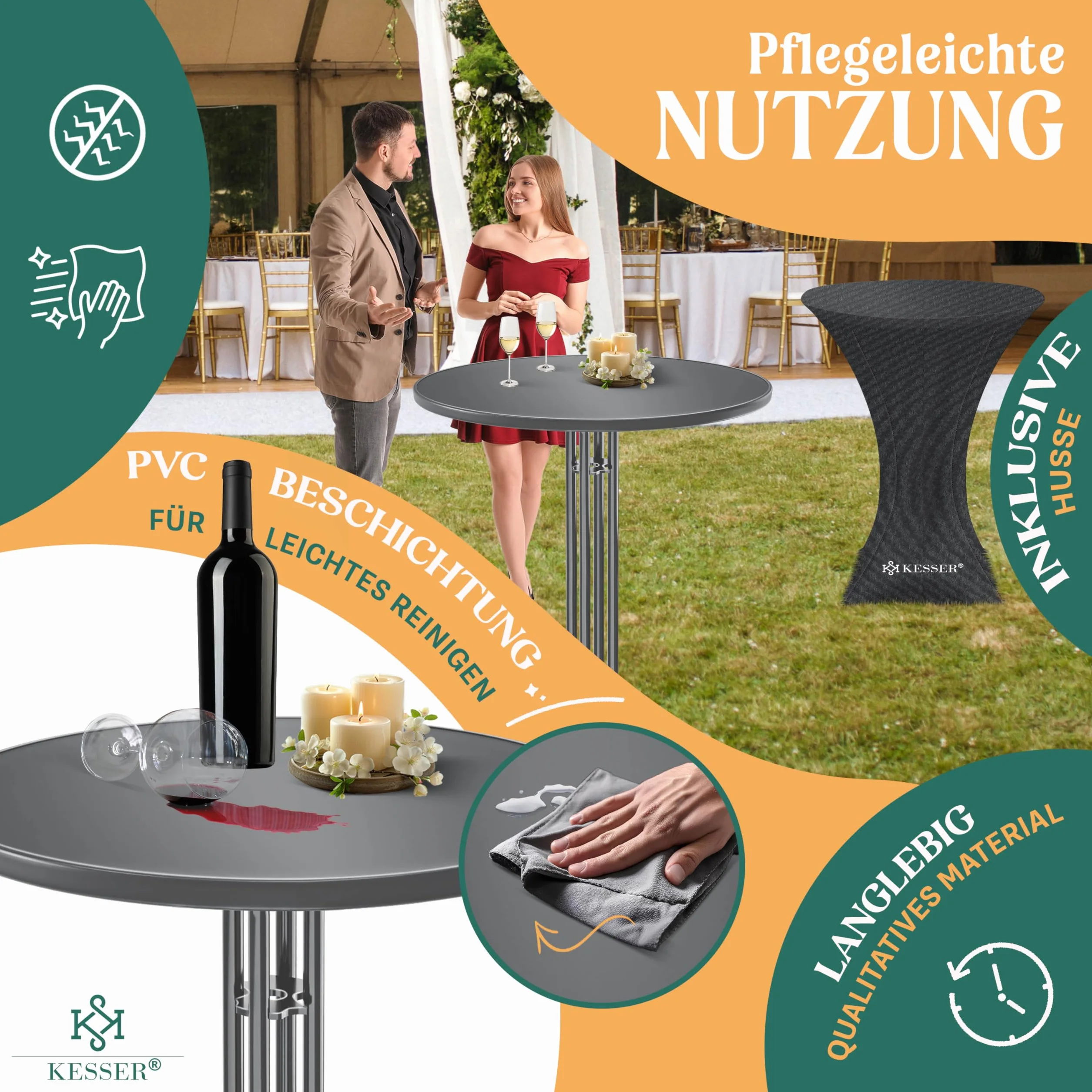 KESSER Gastro Tavolo da bistrot pieghevole, set da 2 pezzi, piastra in acciaio inox verniciato a polvere, piedini regolabili in altezza, tavolo per feste, diametro 60 cm, tavolo da ricevimento per