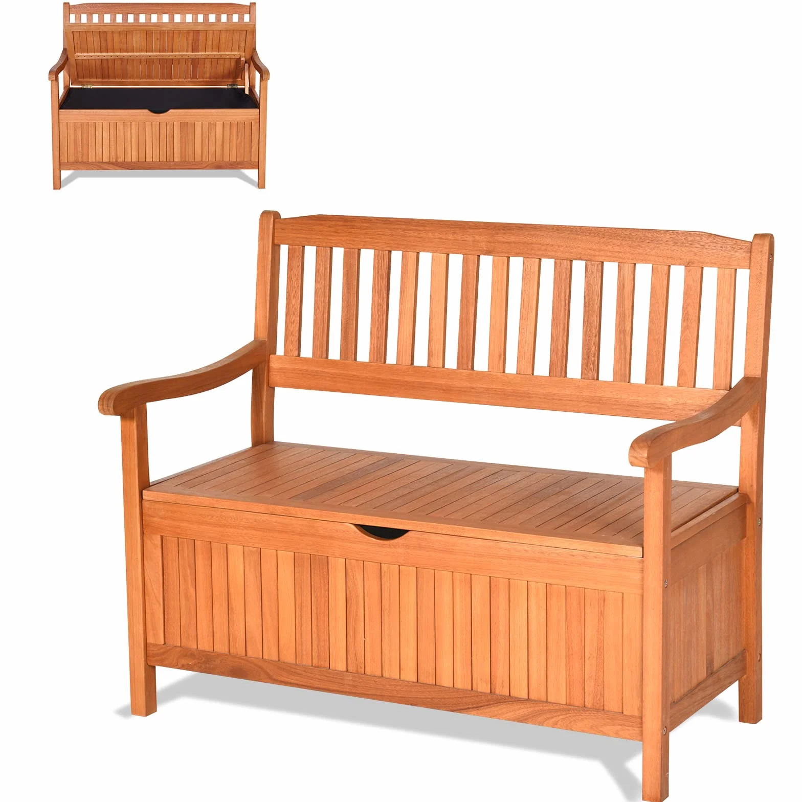KOMFOTTEU Panca da Giardino, Panca Esterno in Legno di Acacia, con Contenitore, Panchina a 2 Posti con Baule, con Borsa Impermeabile, Deposito Esterno in Legno con Braccioli e Schienali
