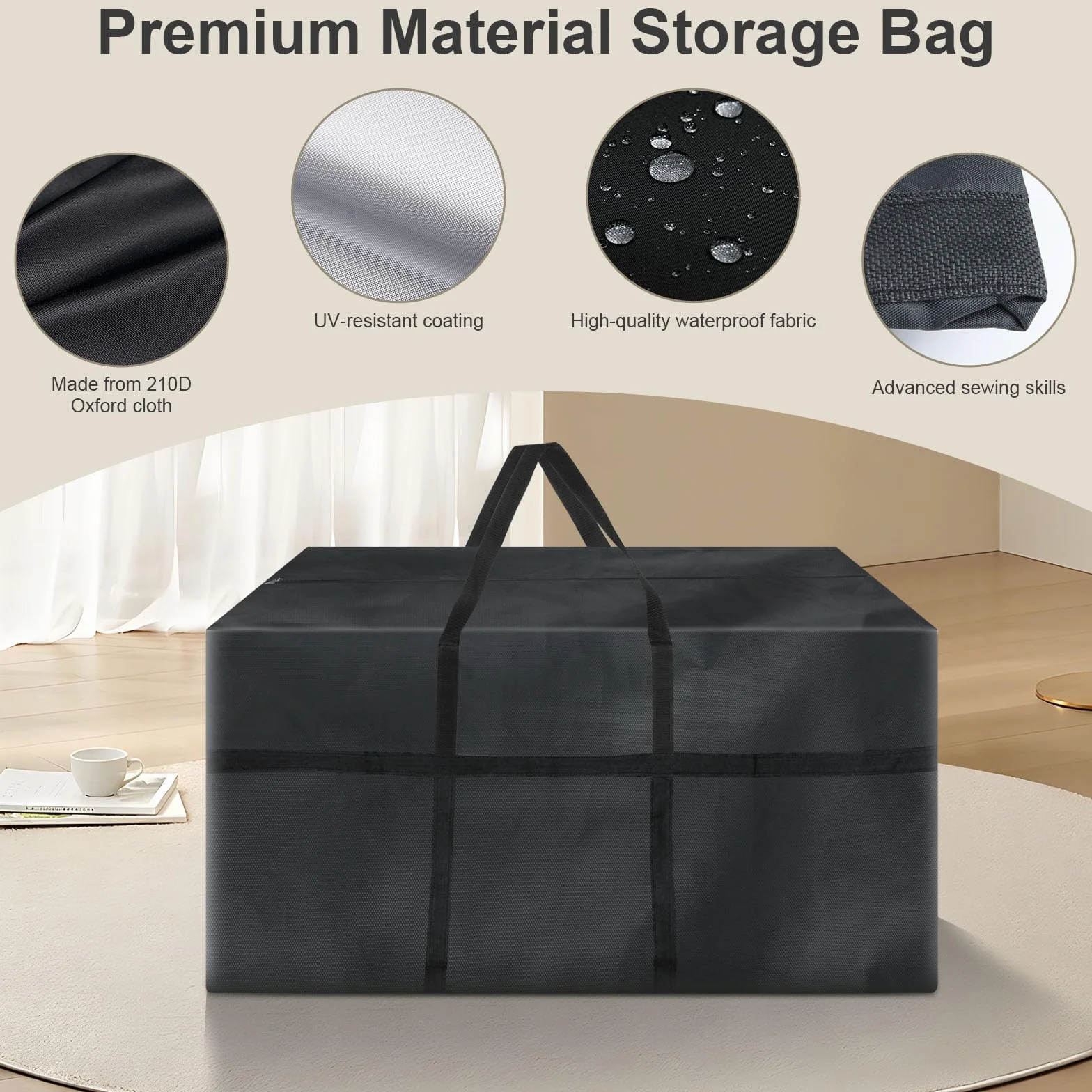 Borsa di Stoccaggio per Esterni, Borsa per Cuscini da Giardino con Cerniera e Maniglie per Biancheria da Letto Materassi Coperte Trapunte e Cuscini, 110x60x35 CM, Nero