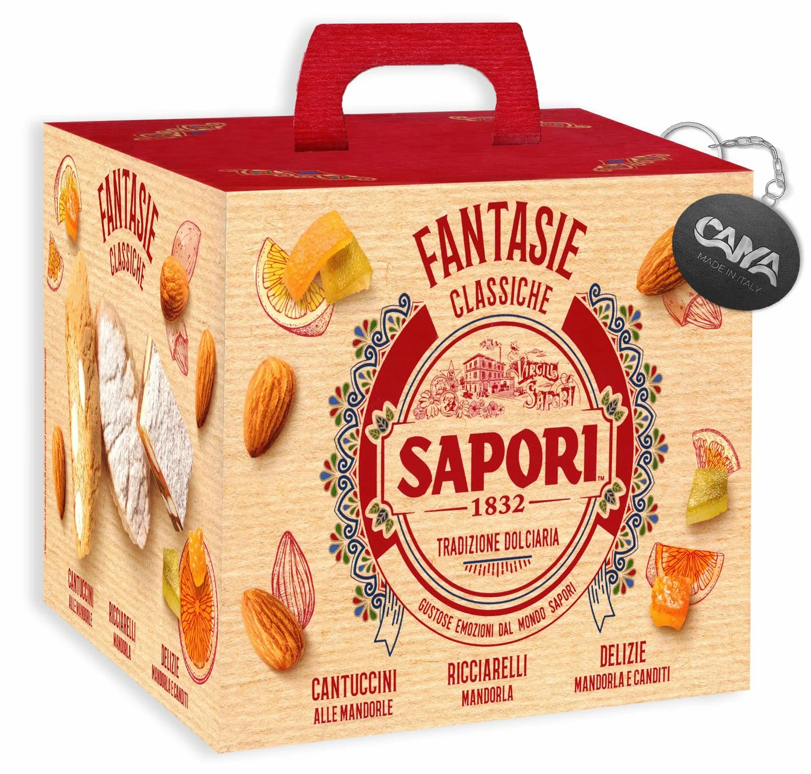 Sapori Fantasie Classiche con Cantuccini, Ricciarelli e Delizie alla Mandorla e Canditi 381g con Portachiavi CAIYA® (2024)
