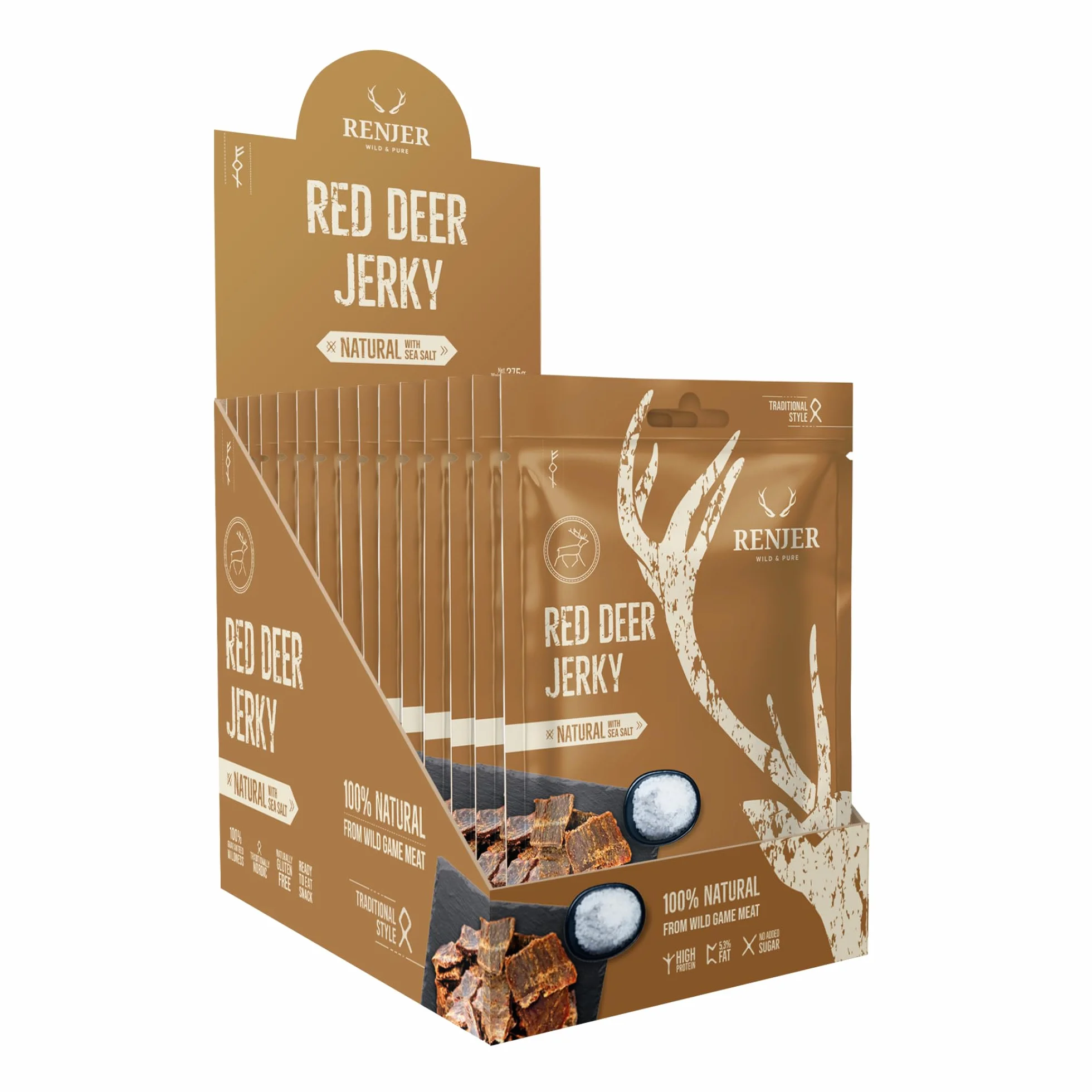 Renjer Red Deer Jerky with Sea Salt - Confezione da 15 (15 x 25 g) - Autentica esperienza di gusto nordico, carne di selvaggina, qualità gourmet