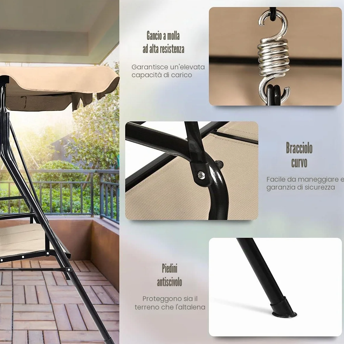 GIANTEX Dondolo da Giardino, a 3 Posti, Tetto di Ricambiabile, Telaio in Metallo e Texteline, con Copertura Anti-UV e Anti-Acqua, Arredo per Esterno, 173x119x152 cm, 2 Colori (1)