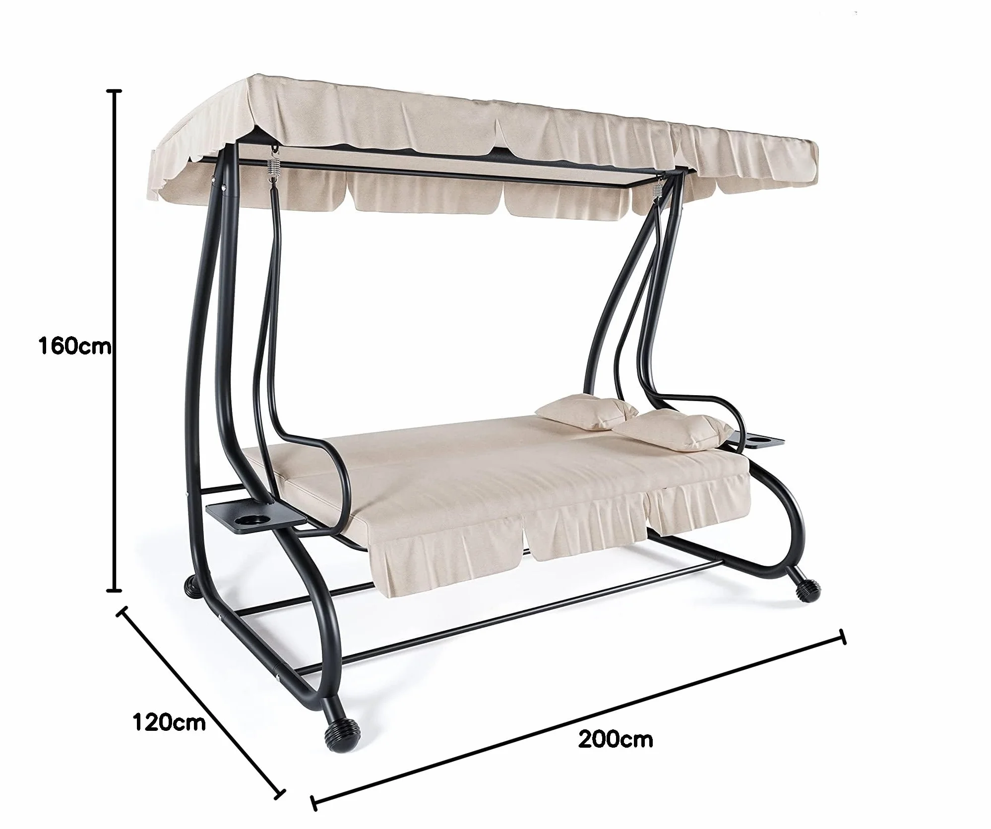 BRICOZONE Dondolo Reclinabile 3 Posti Con Cuscini Imbottiti Parasole Tettuccio Regolabile Diventa Letto Struttura Acciaio Robusto Giardino Esterno Balcone Terrazzo Piscina 200 x 120 x 160 cm Beige