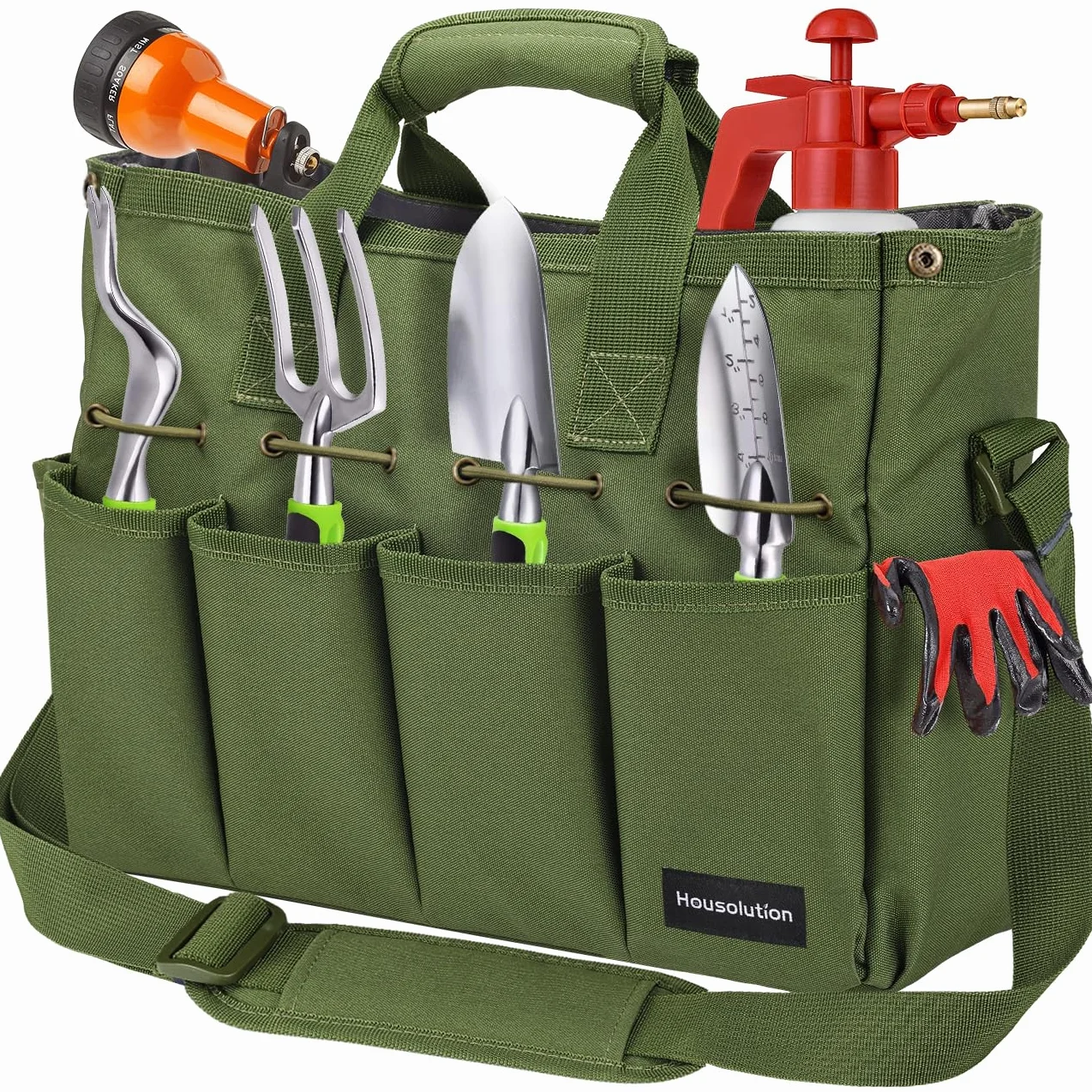 Housolution Borsa Portaoggetti da Giardino con Tracolla Regolabile, Borsa per Attrezzi da Giardinaggio con Manico in Poliestere 900D Multi-Tasca Porta Utensili Grande Capacità per Giardiniere, Verde