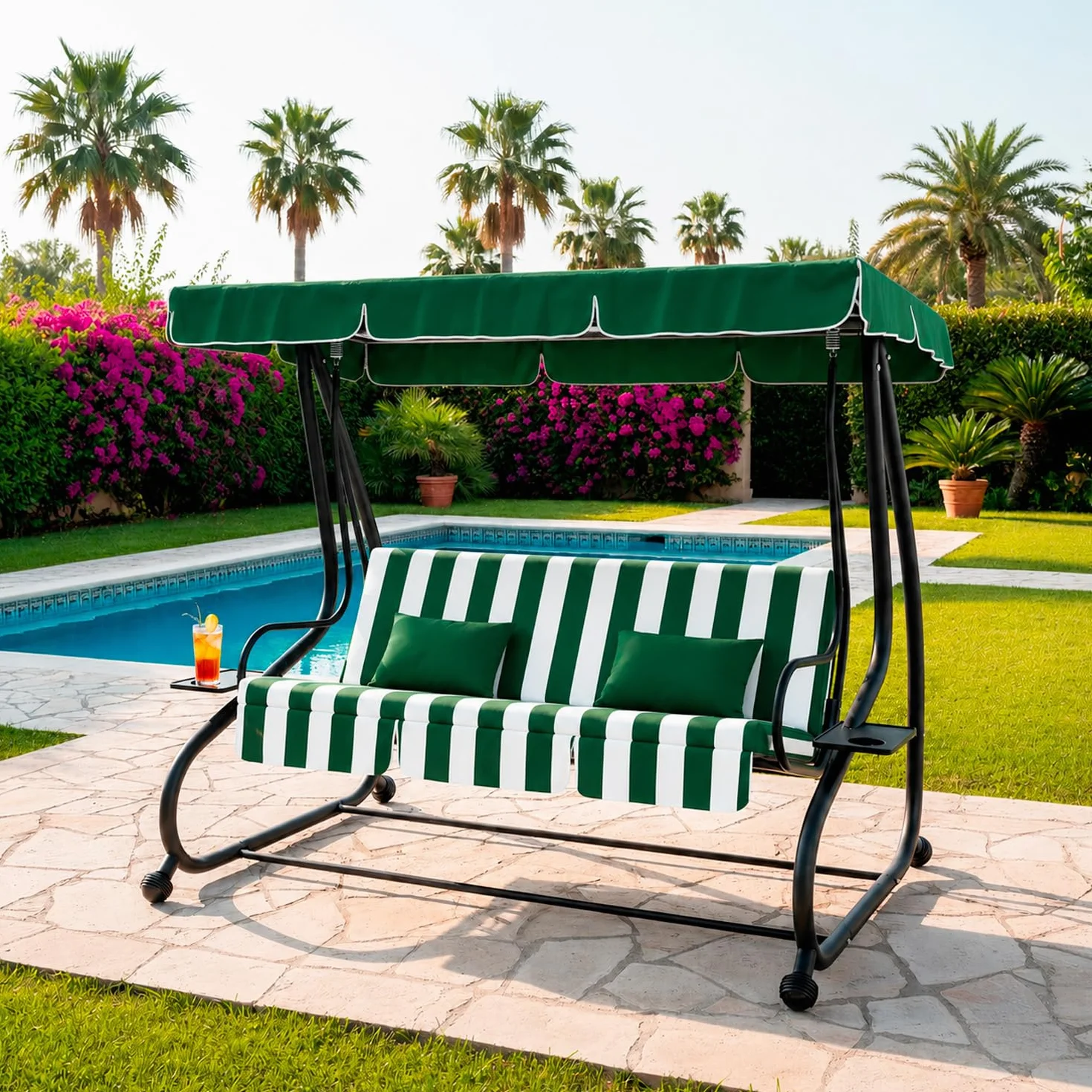 Dondolo 3 Posti Reclinabile Madeira Tettuccio Parasole Regolabile Cuscini Imbottiti Diventa Letto In Acciaio Verniciato Giardino Esterno Balcone Terrazzo 200 x 120 x 160 cm Verde E Bianco