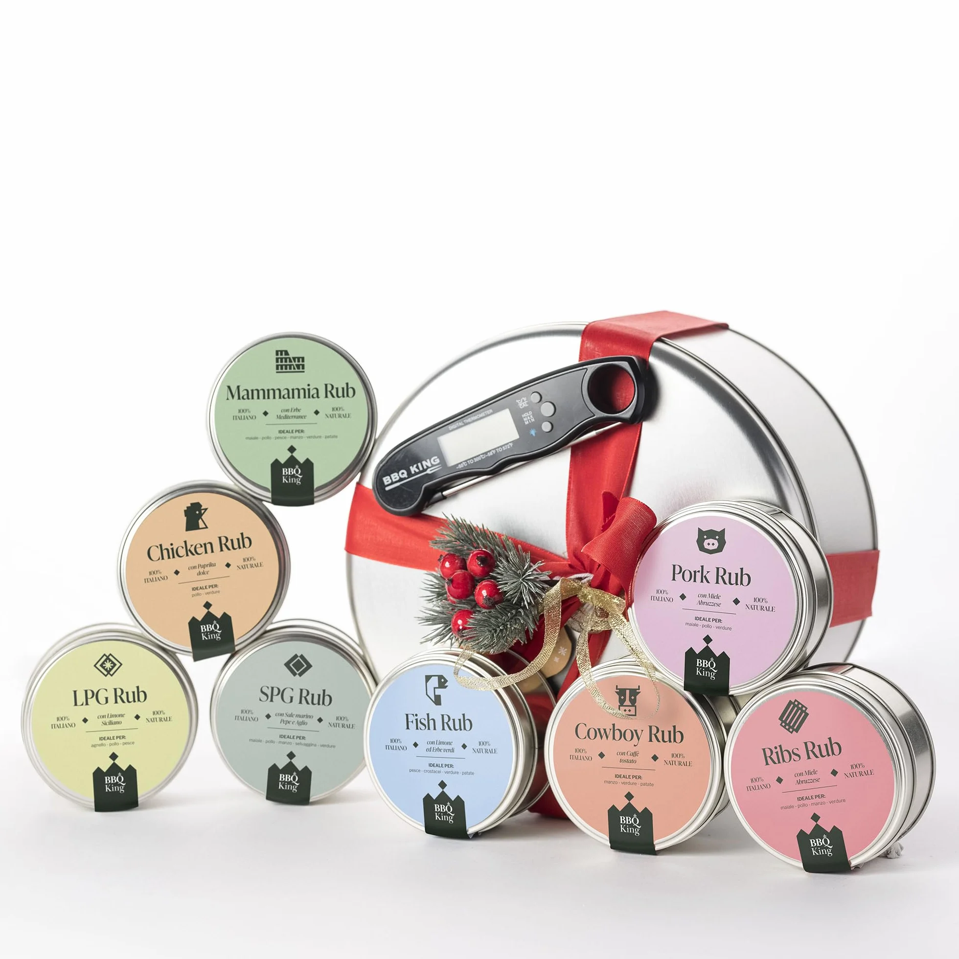 BBQ KING - Christmas Box Rub, Scatola Regalo per Natale, Ottima Idea Regalo, Set Spezie Cucina 100% Made in Italy, Selezione di Spezie BBQ KING + Termometro con Lettura Istantanea