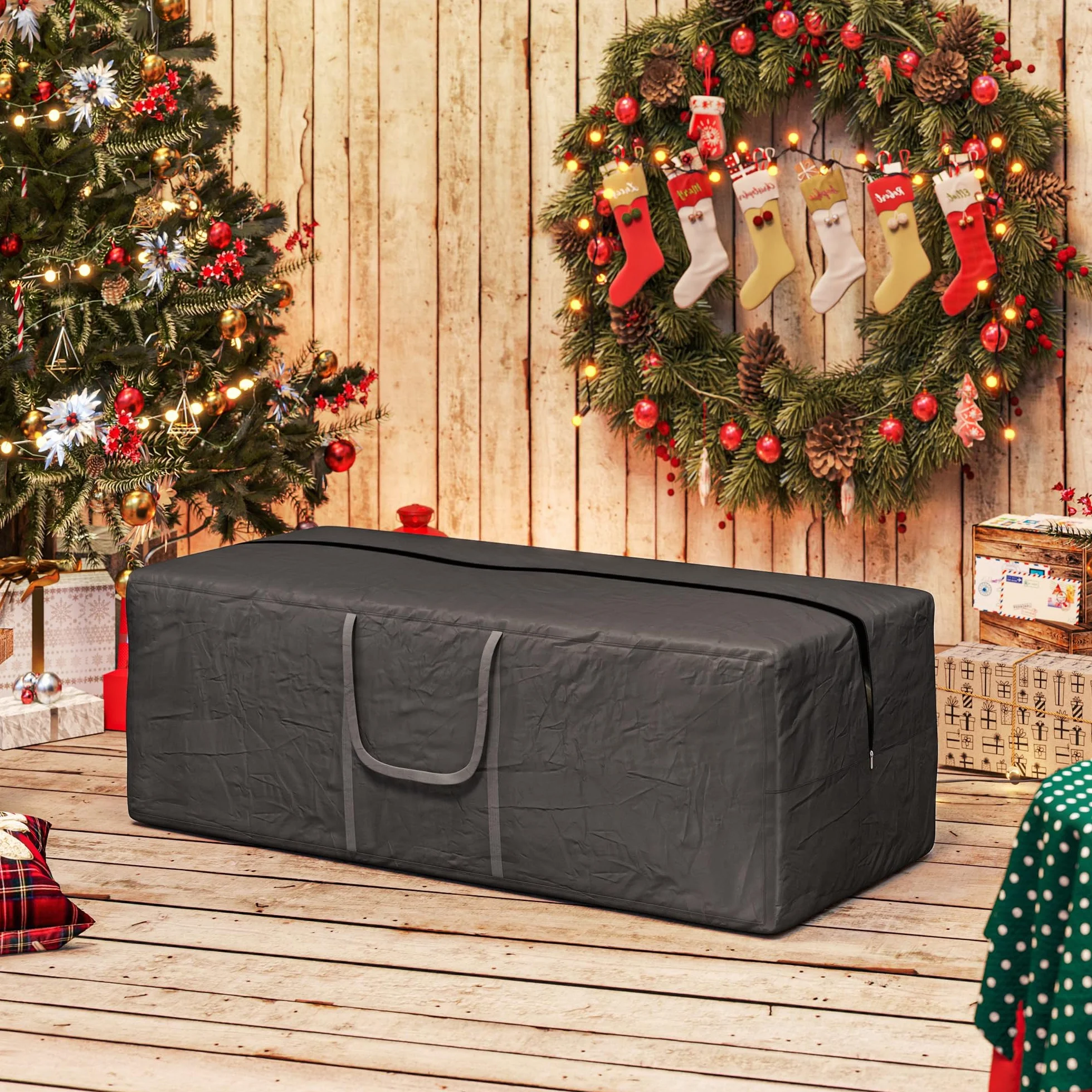Outsunny Borsa per Cuscini da Giardino, Borsa per Albero di Natale da 840L Impermeabile, Custodia Portaoggetti da Giardino Pieghevole in Tessuto Oxford 600D con Doppia Cerniera e Maniglie, Nero