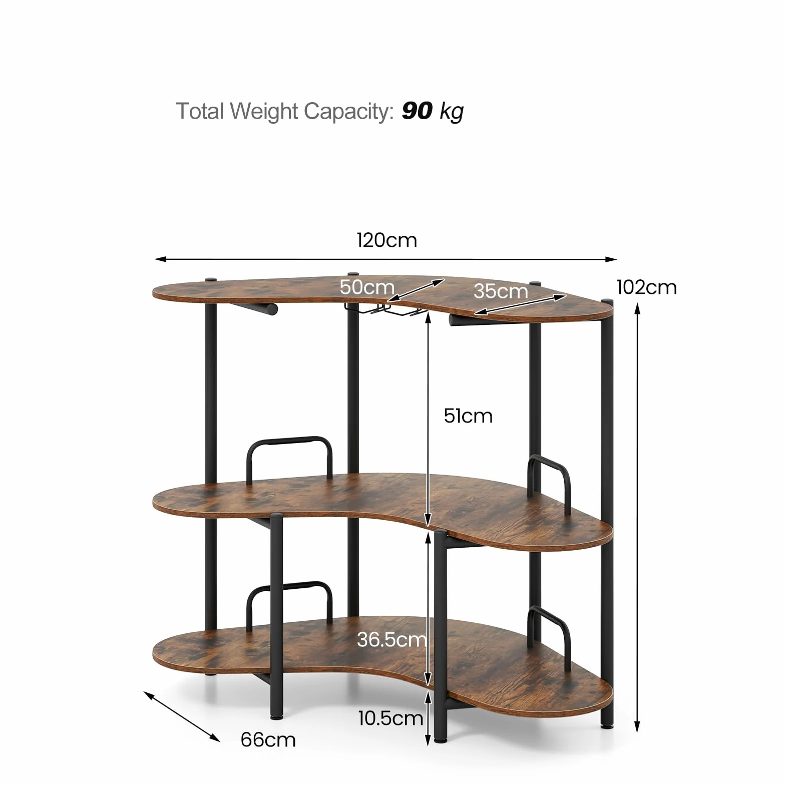 LIFEZEAL Tavolo bar a 3 livelli con portabicchieri da vino, mangia in piedi con deposito e supporto rialzato, tavolo alto da cucina altezza 102 cm, telaio in metallo e ripiani in legno, carico 90 kg