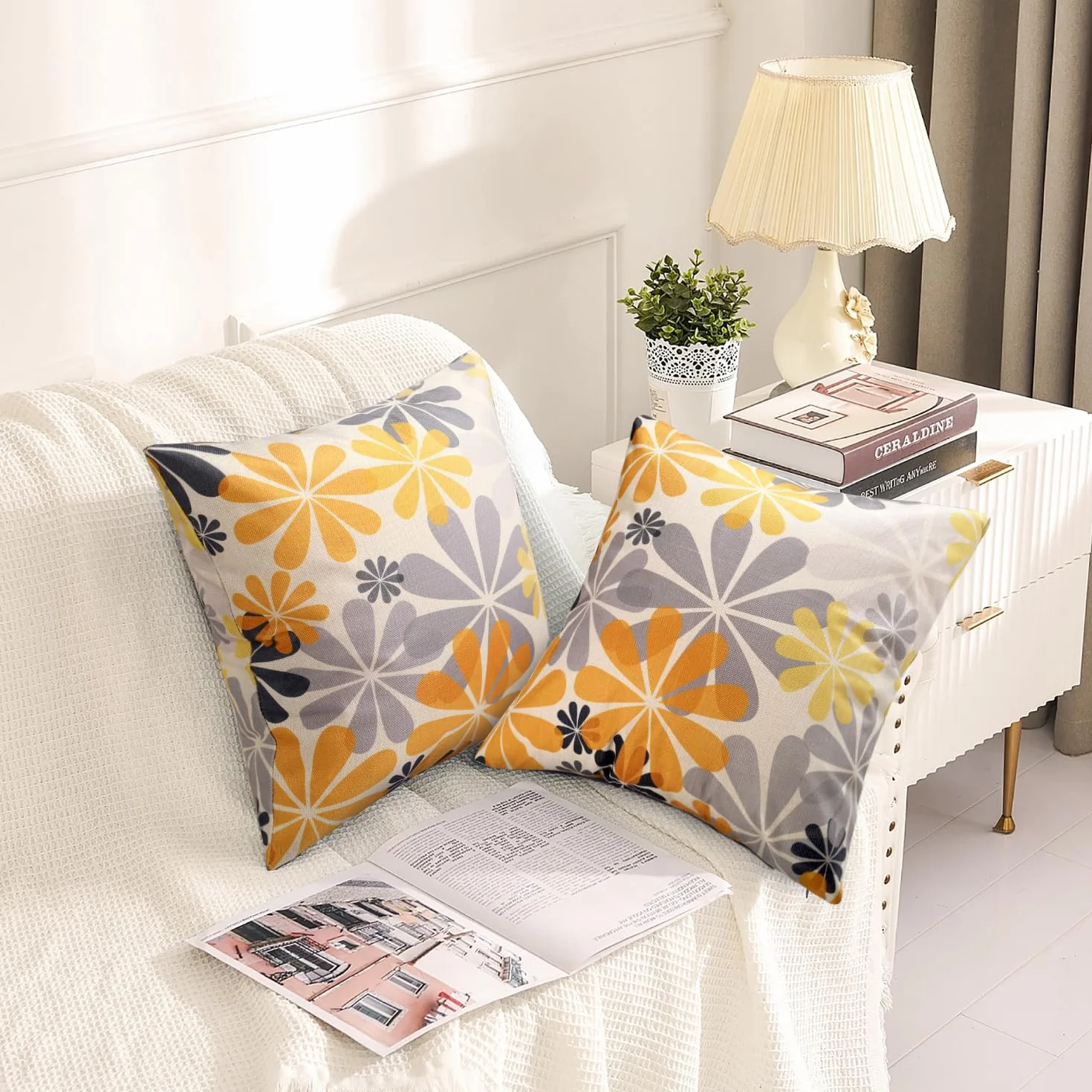 Federe Cuscini Divano 40x40 Giallo Copricuscini Fiori Rurali Decorativi Federe Cuscini Moderna Set di 2 Lino Copricuscino Per Decor Cuscini Del Soggiorno Camera da Letto Giardino Divano Sedia
