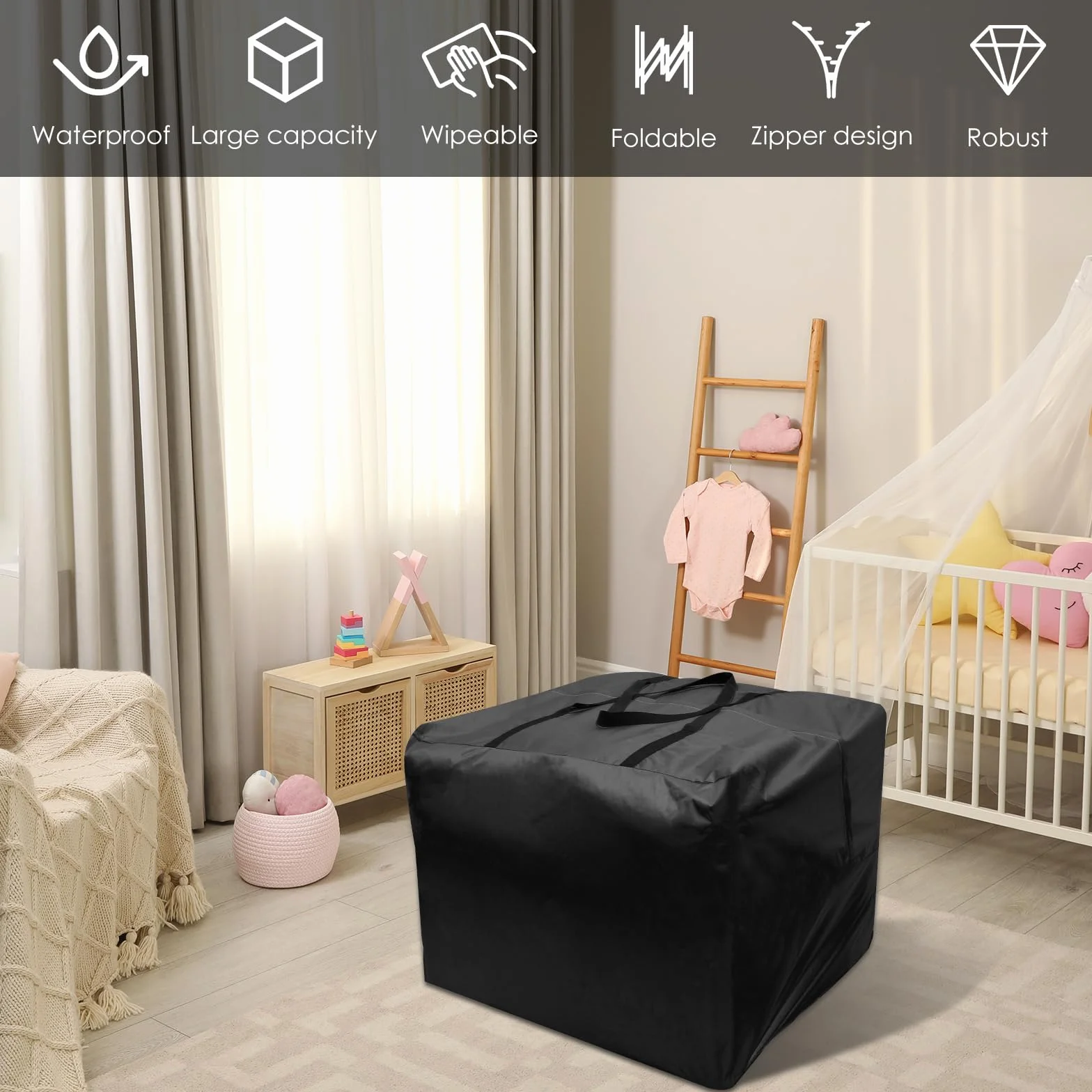 Borsa portacuscini patio, con cerniera e manici, 210 denari, resistente e impermeabile, 81x81x61 cm
