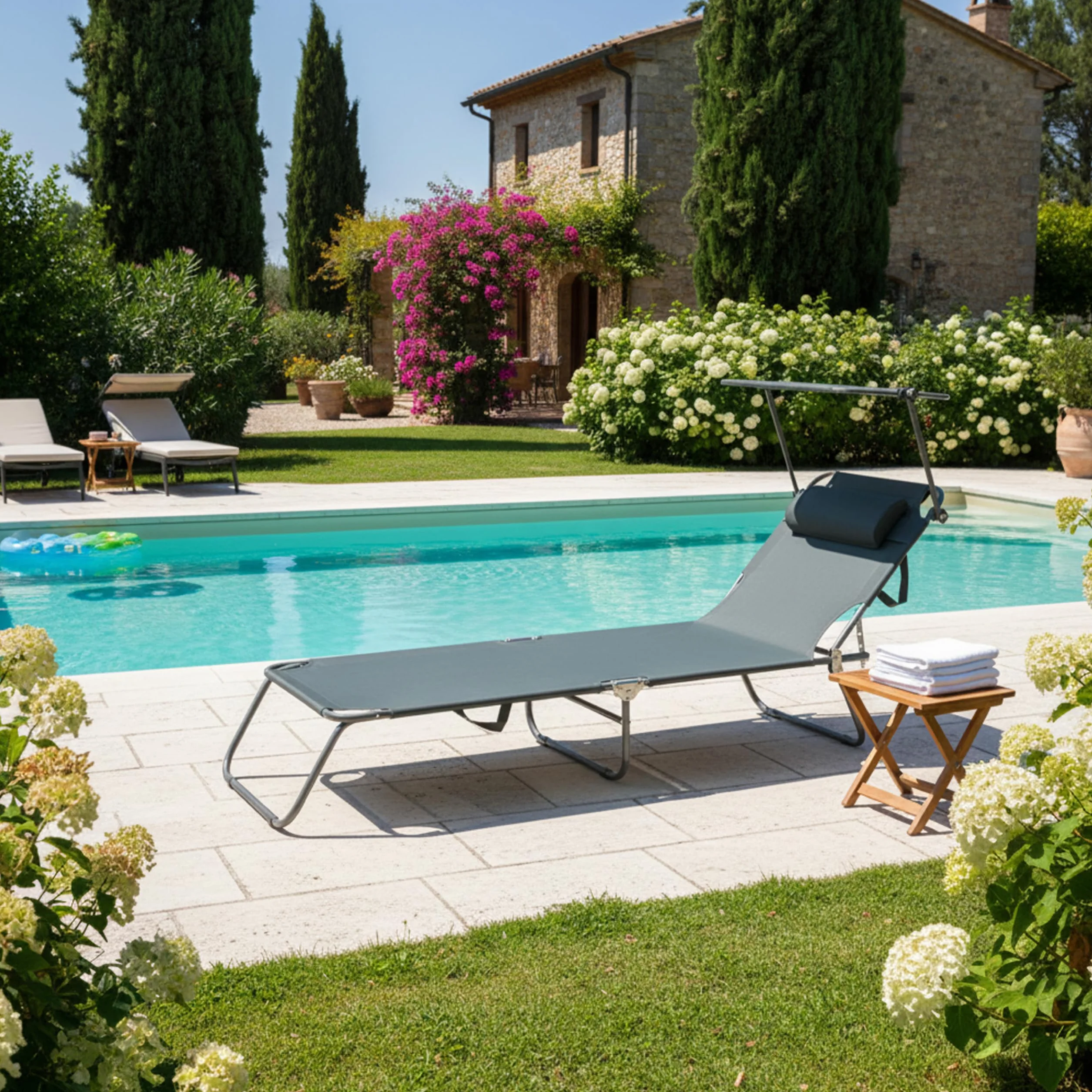 Baroni Home Sedia a Sdraio Pieghevole Reclinabile con Parasole Regolabile 360° e Cuscino Removibile, Lettino Prendisole in Metallo con Tessuto Idrorepellente, Portata 110 Kg, 186x55x24 cm Grigio