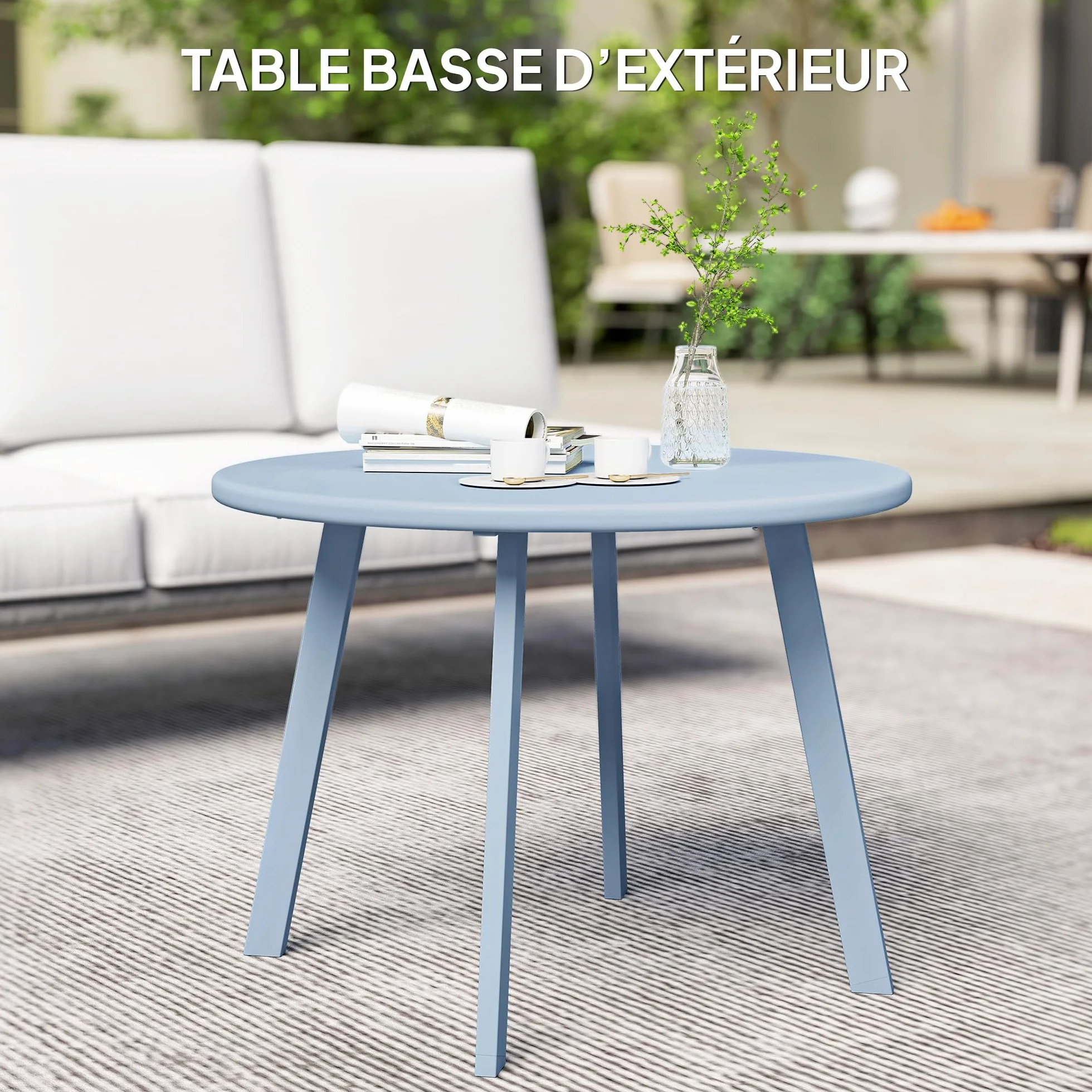 Outsunny Tavolino rotondo con piedini antiscivolo, struttura in metallo, per giardino, balcone, terrazza, soggiorno, Ø 70 x 42 cm, blu