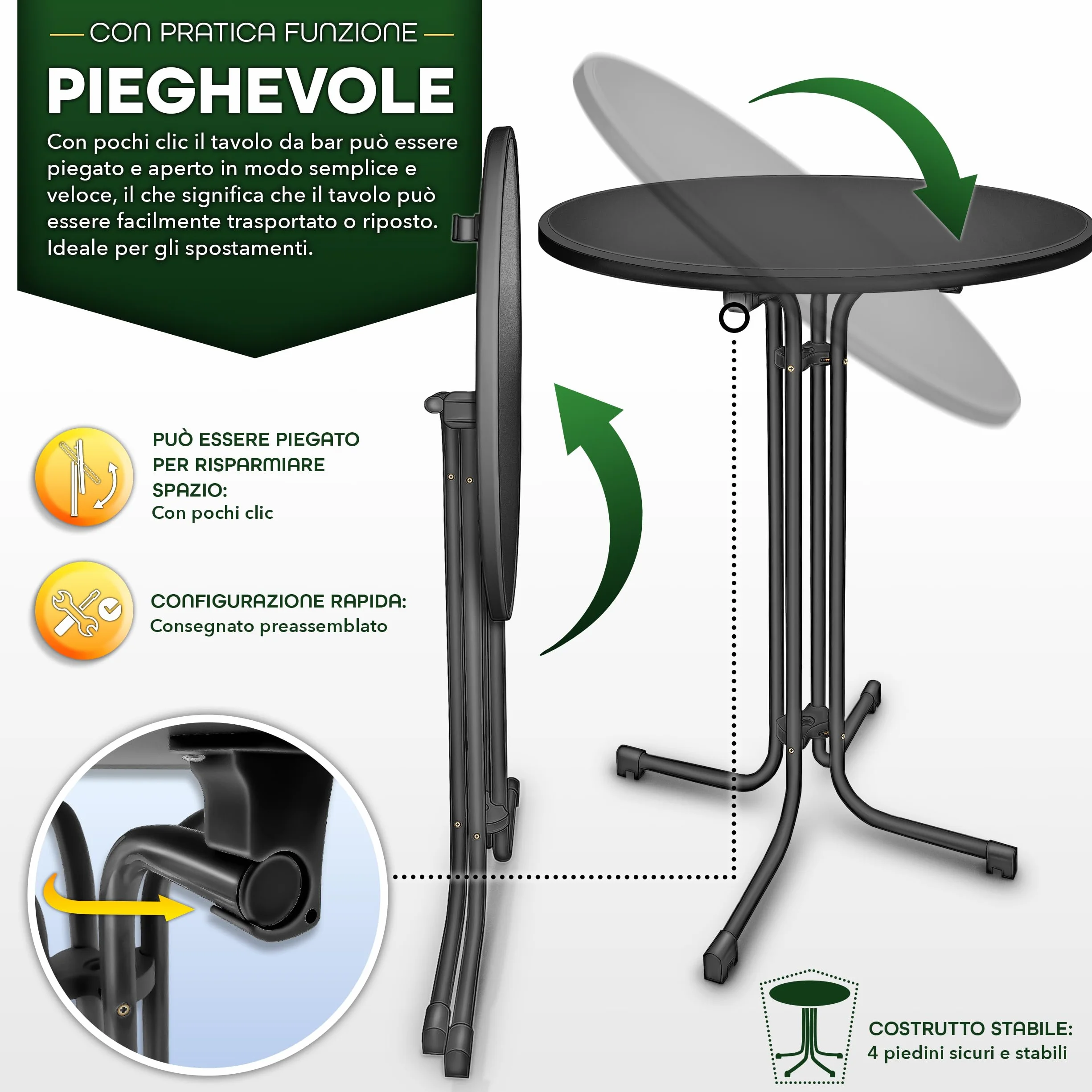 tillvex® Gastro Tavolo pieghevole Ø 80 cm con rivestimento | Tavolo da bistrot pronto | Tavolo pieghevole rotondo – resistente alle intemperie | tavolo da giardino per interni ed esterni