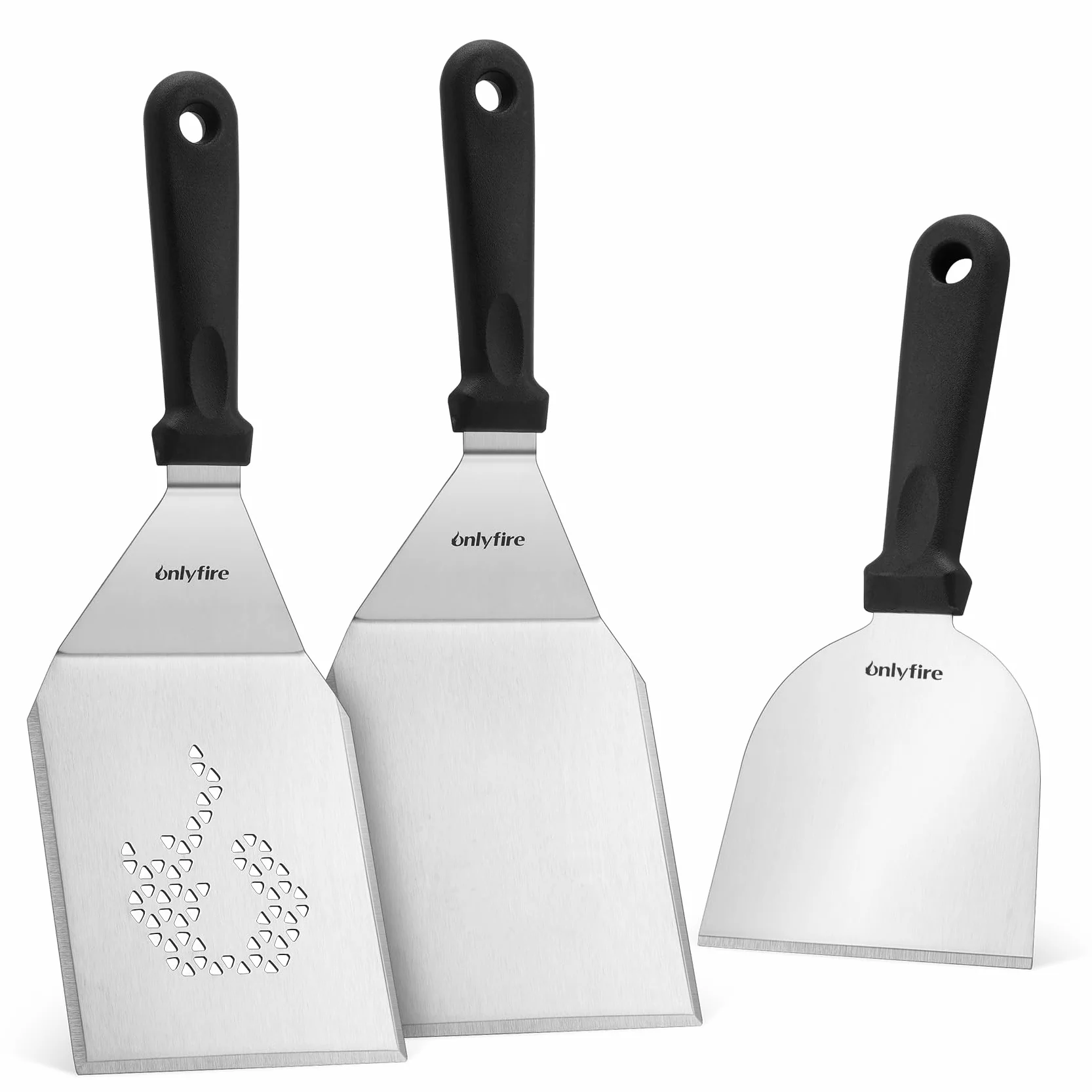 onlyfire Set di spatole professionali per barbecue, spatola per piastra in acciaio inox, spatola perforata e raschietto per griglia, kit per hamburger per grigliare, cucinare e pulire
