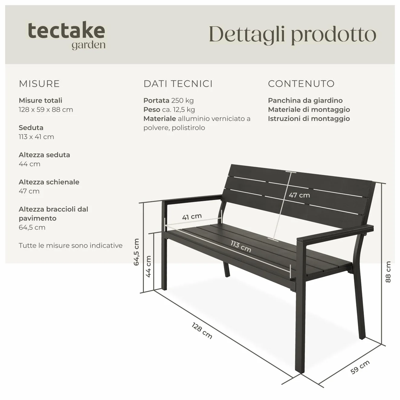 tectake® Panca da Giardino con Telaio in Alluminio, Comoda Panchina da Esterno 2 Posti, Panca con Schienale, Resistente agli Agenti Atmosferici, 128 x 59 x 88 cm - Grigio Scuro