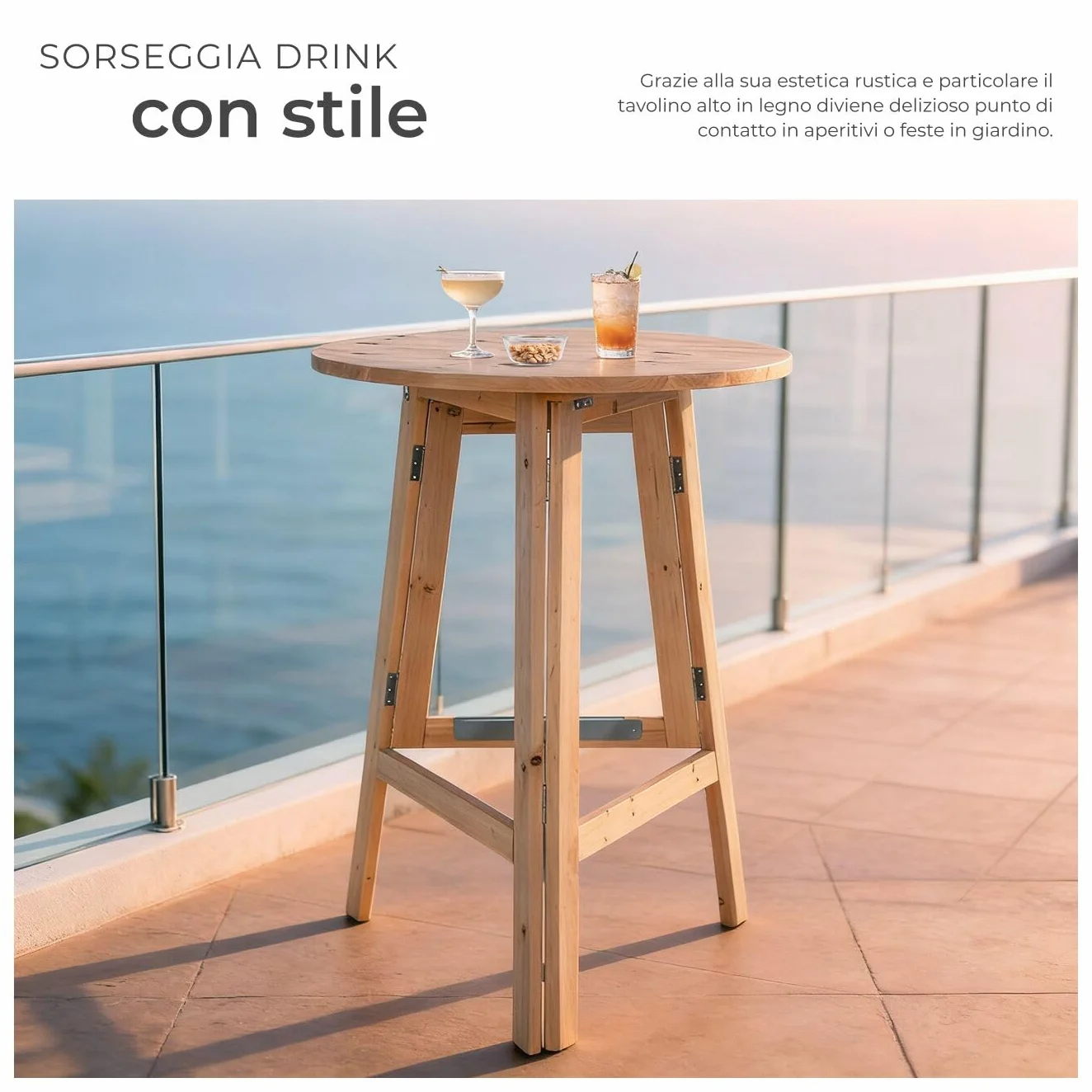 tectake® Tavolo da Bistrot in Legno Massello Rotondo da Giardino, Struttura Robusta, Tavolo Pieghevole, Altezza Ottimale, da esterno, balcone, tavolino da giardino - altezza ca. 110 cm, Ø 79 cm