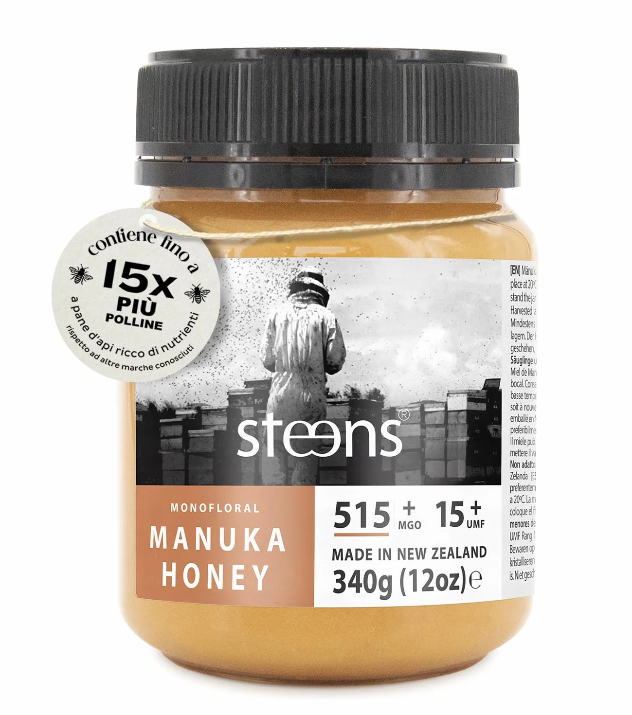 Steens Miele di Manuka - MGO 515+ - Puro Miele Manuka grezzo 100% certificato UMF 15+ - Invasettato e sigillato in Nuova Zelanda - Manuka Honey - 340 g