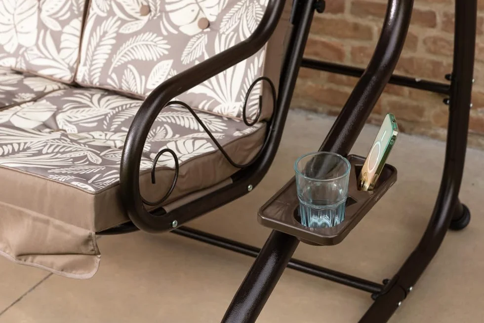 Dondolo reclinabile da giardino 3 Posti con funzione letto e tettuccio regolabile, cuscini imbottiti 7 cm con poggiatesta rimovibili e struttura in acciaio verniciato Mizar (Bronzo Tropicana)