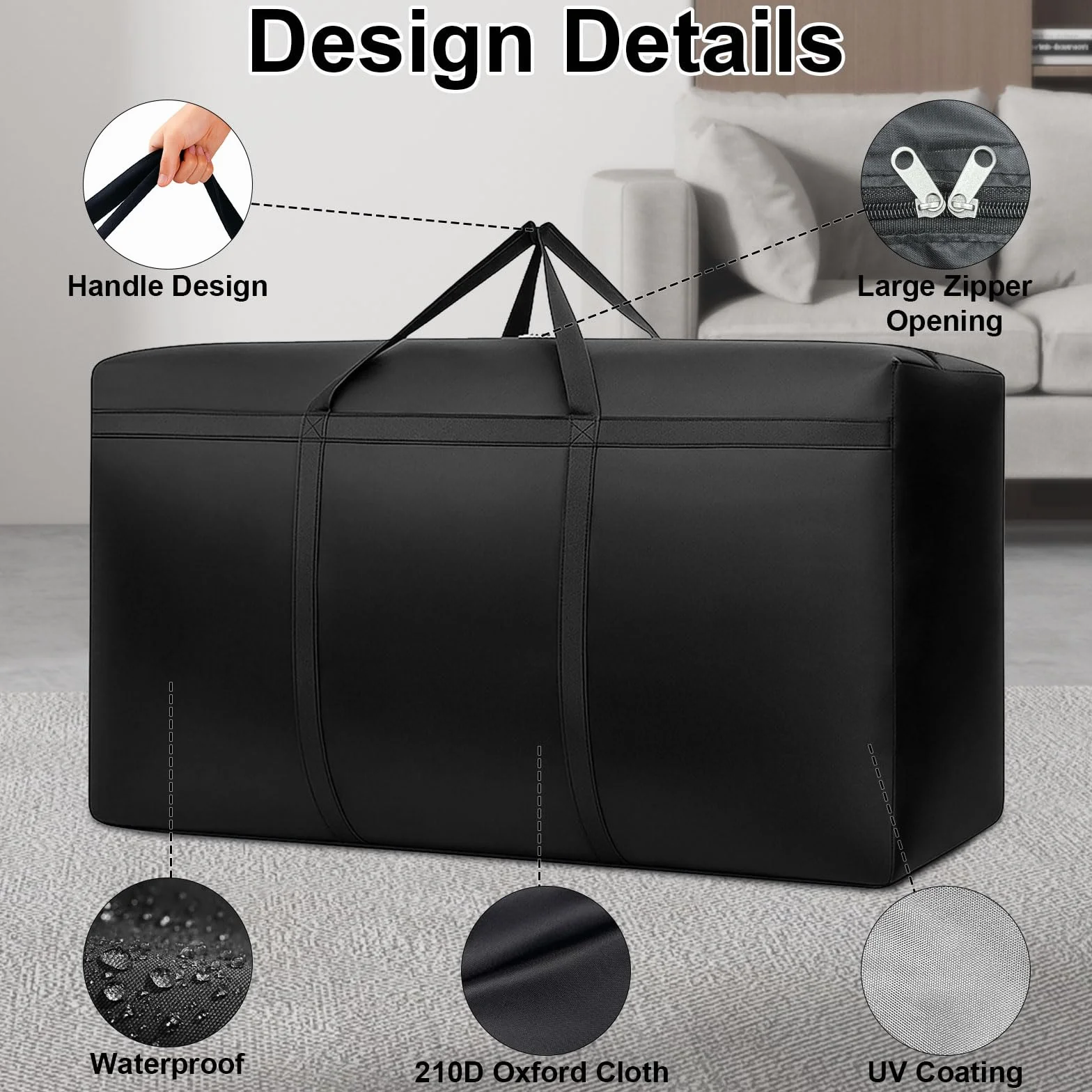 Borsa di Stoccaggio per Esterni, 110x60x35 cm Borsa da Campeggio Impermeabile per Cuscini da Giardino Esterni, Tessuto Oxford per Viaggi, con Maniglia, Nero