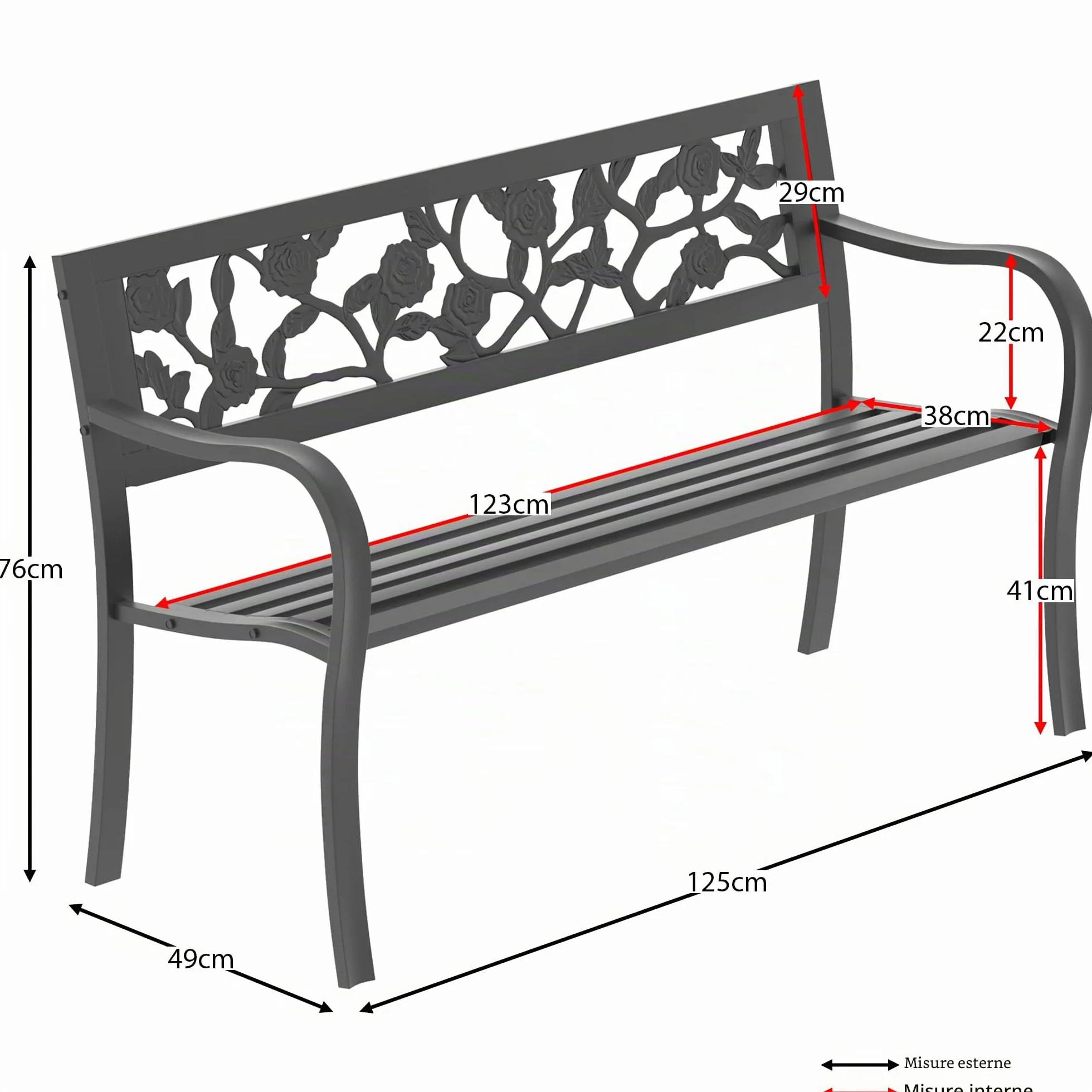 Garden Vida Panca da Giardino in Acciaio, Design a Forma di Rosa, 3 posti, mobili da Esterni, per Parco, Patio, Colore Nero