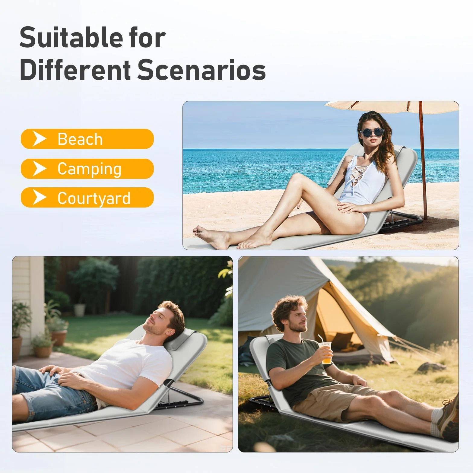 WildFun Sedia a sdraio e trolley da spiaggia portatile, tappetino da spiaggia pieghevole con schienale regolabile e tasca per la spiaggia, la piscina (2pcs, Grigio)